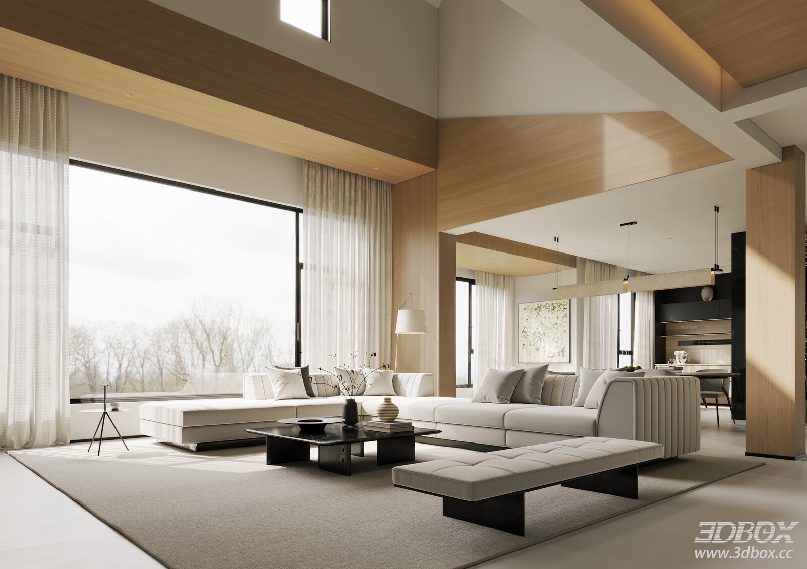 Cream - style Living and Dining Room with Log Elements
