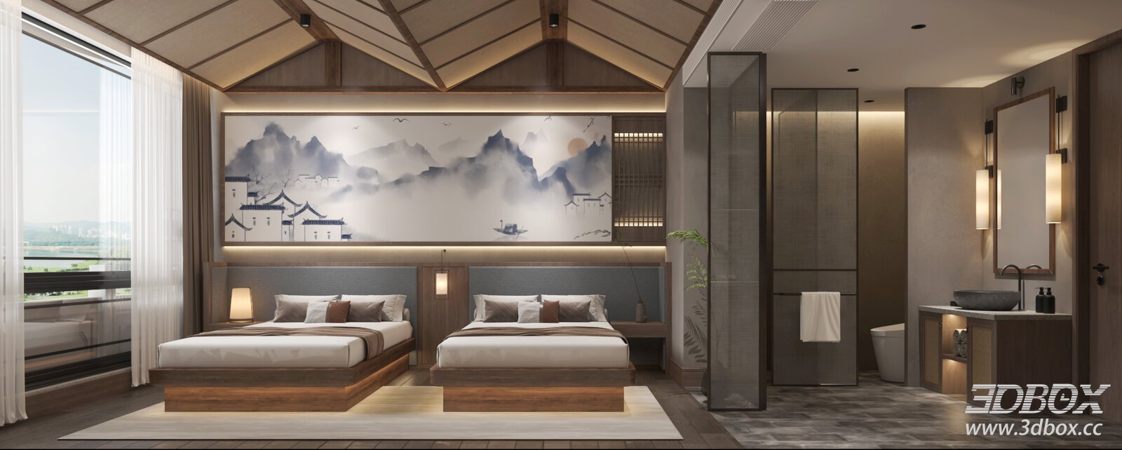 Chinese - style Twin - bedroom with Soft Decoration