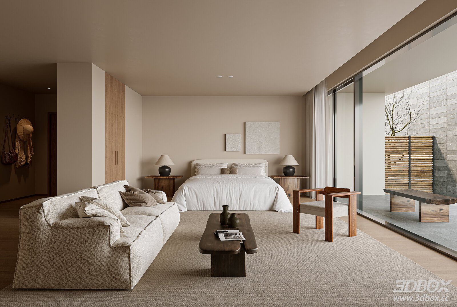Wabi - Sabi Style Bedroom with Sofa and Bed