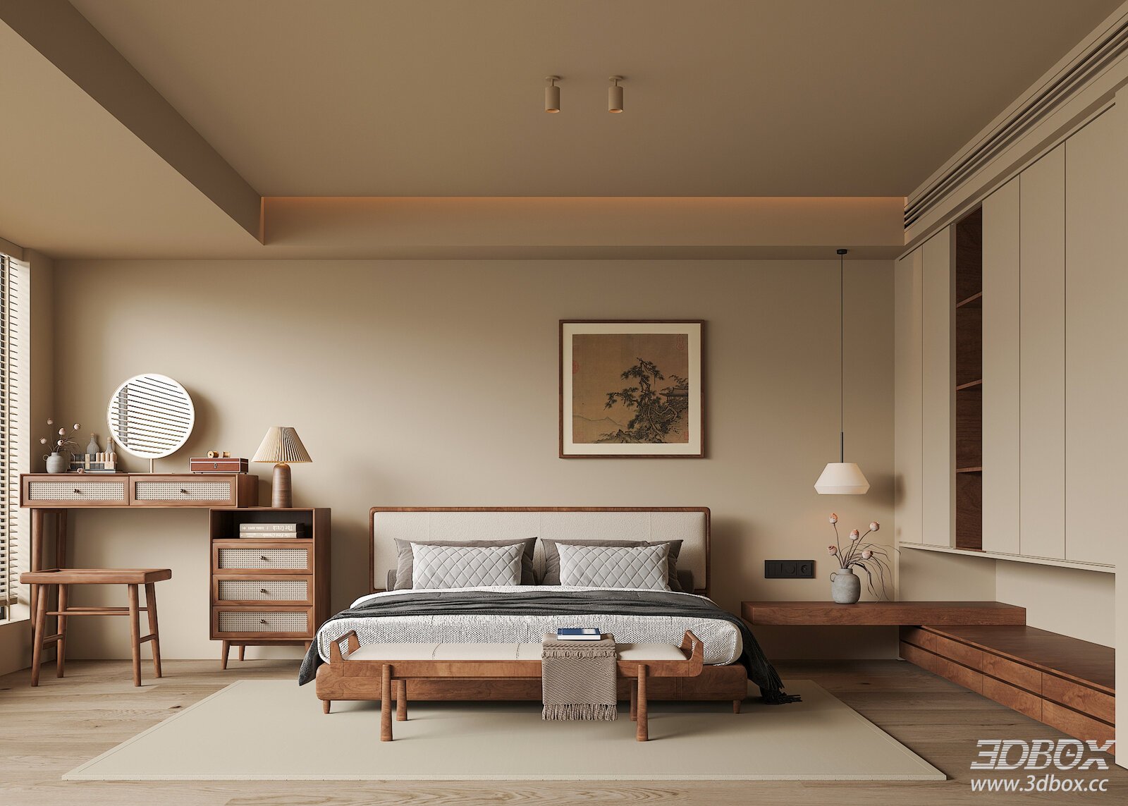 Chinese - style Bedroom with Double - bed and Nightstands