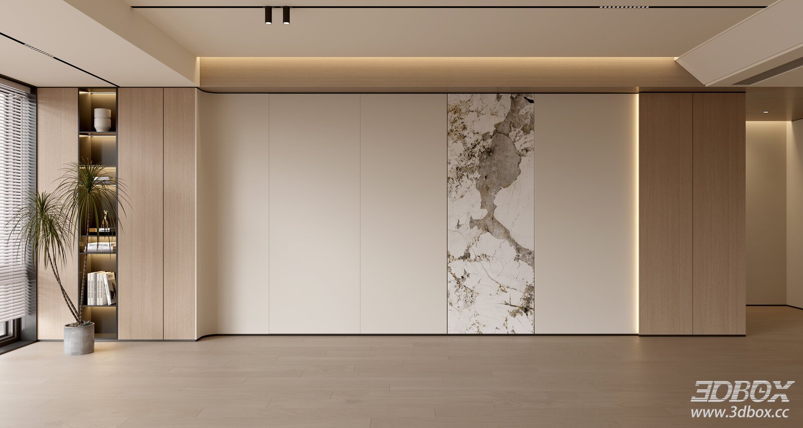 Modern Living Room Wall with Wooden and Marble Elements