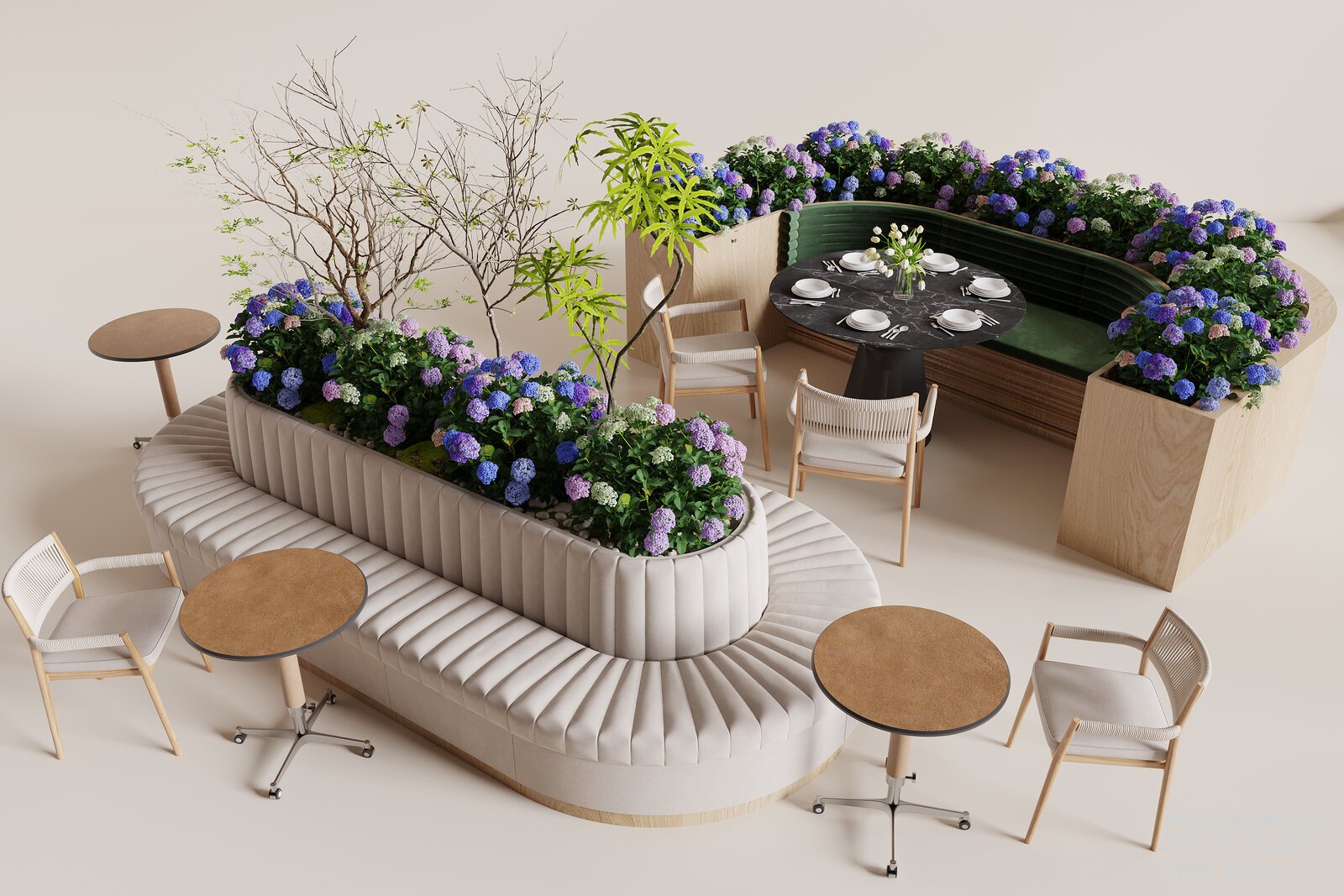 Modern Banquette Seating with Planters and Tables