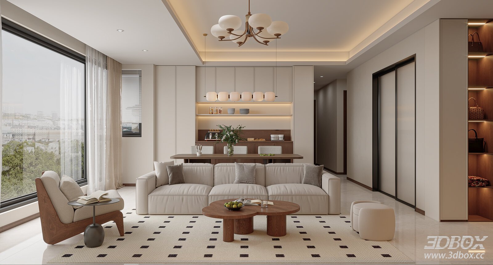 Creamy Mid - Century Living and Dining Room