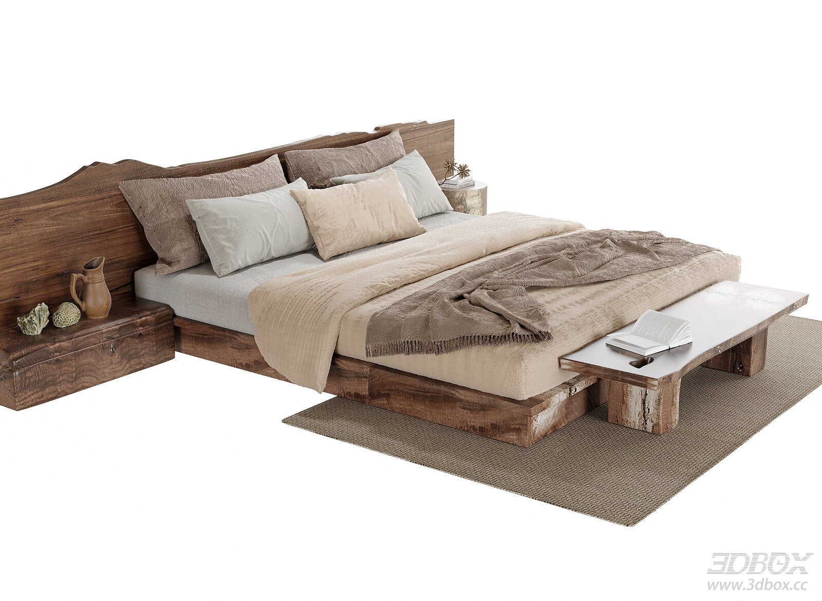 Wabi - Sabi Style Double Bed with Bench and Nightstands