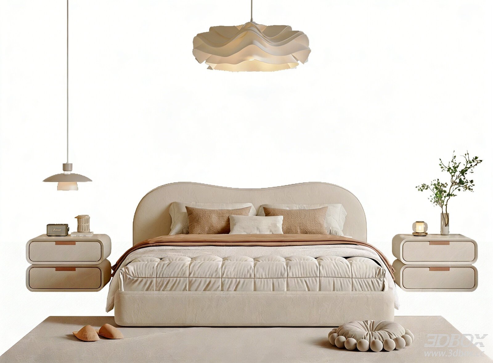 Modern Cream - colored Double Bed with Nightstands and Pendant Light