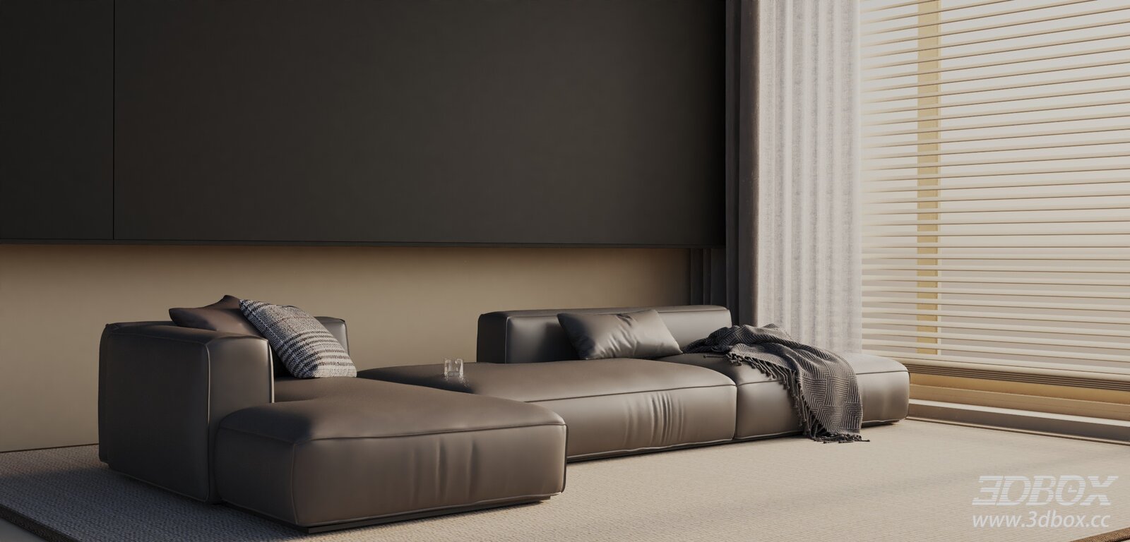 Modern Leather Sofa with Pillows and Blanket