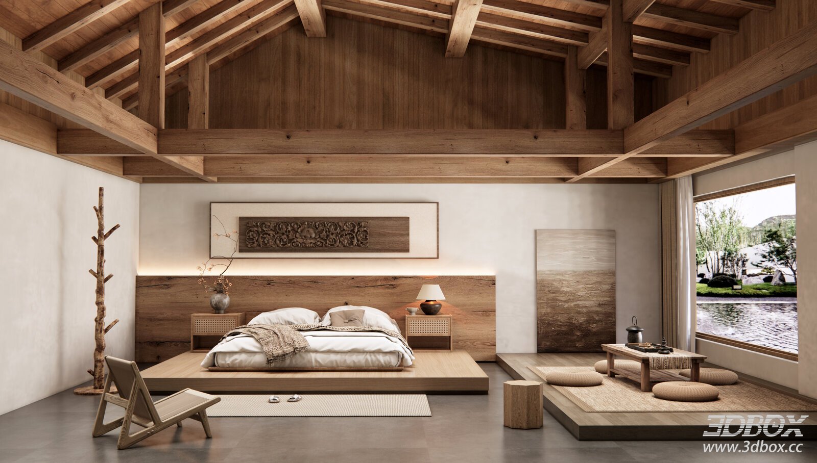 Wabi - Sabi and Chinese - Style Bedroom with Wooden Elements