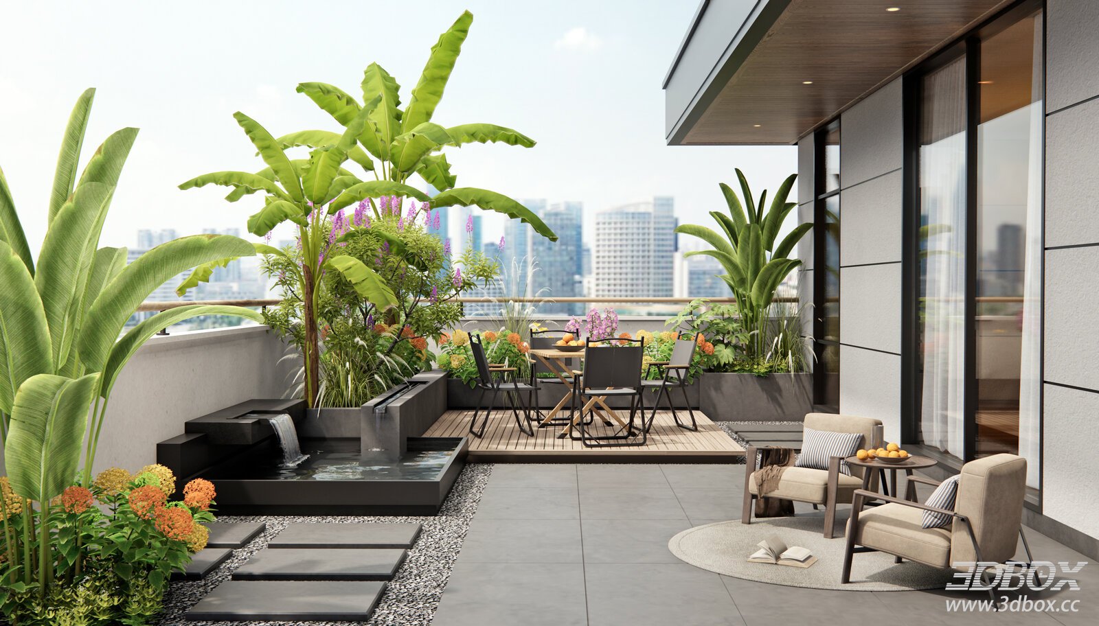 Modern Rooftop Garden with Water Feature and Outdoor Seating