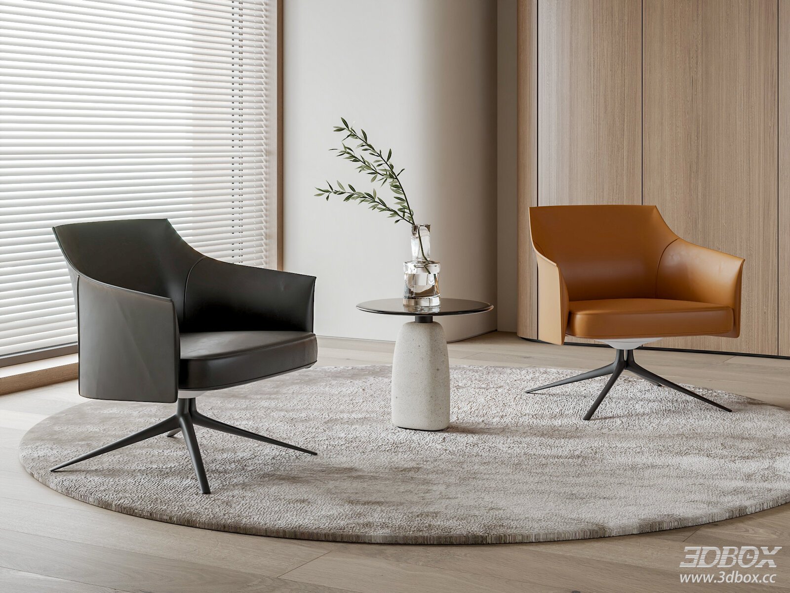 Modern Leather Armchairs with Side Table