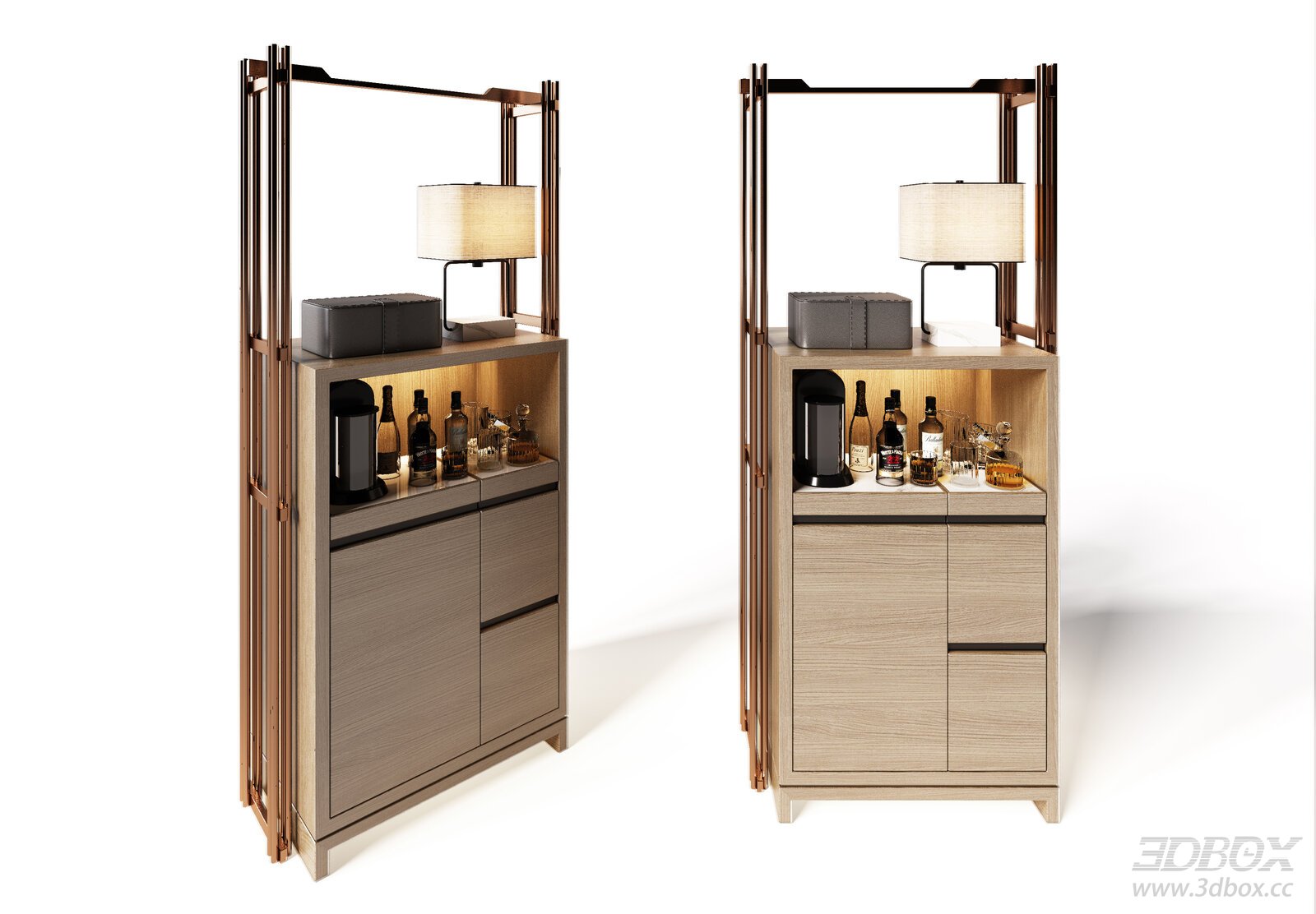 Modern wooden mini bar cabinet with decorative accents