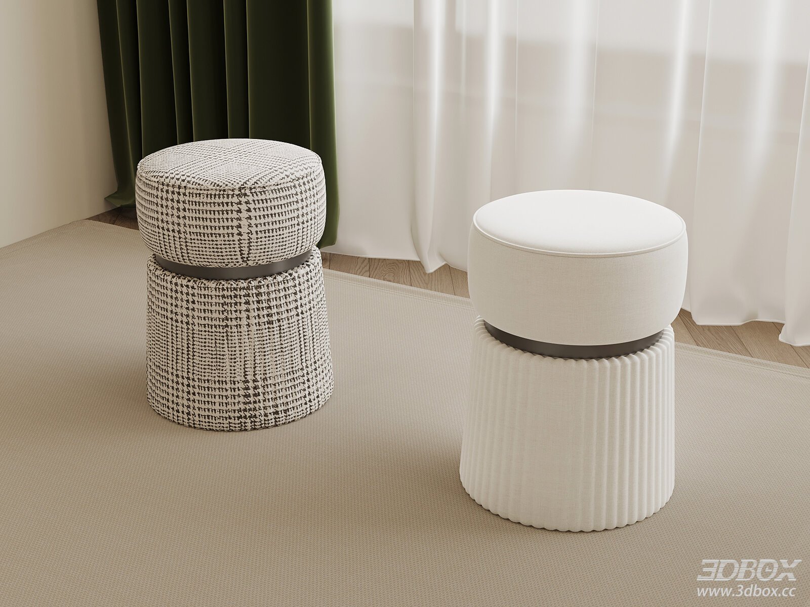 Modern Fabric Upholstered Round Stool Set