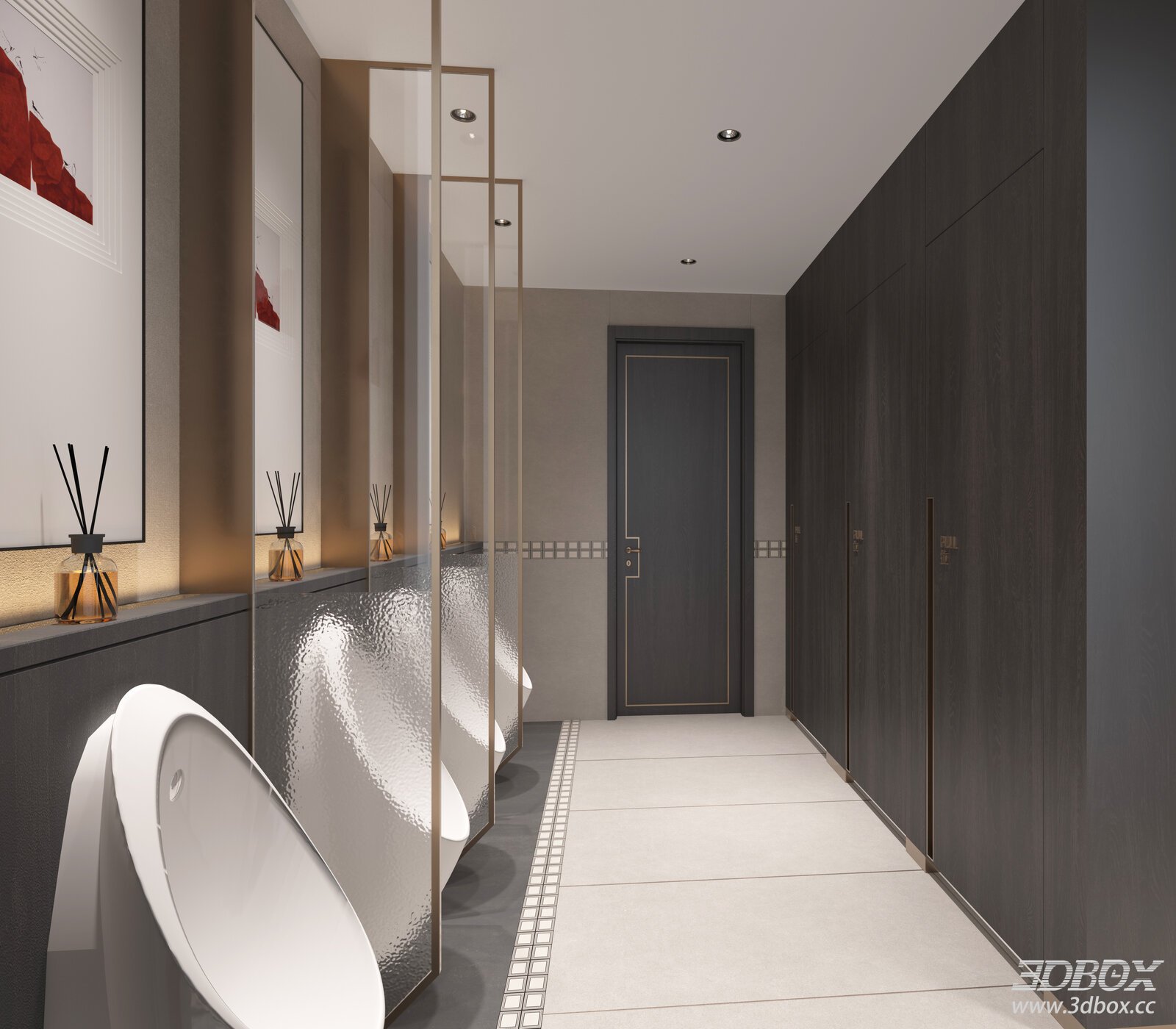 Modern Public Toilet Space with Urinals and Storage Cabinets