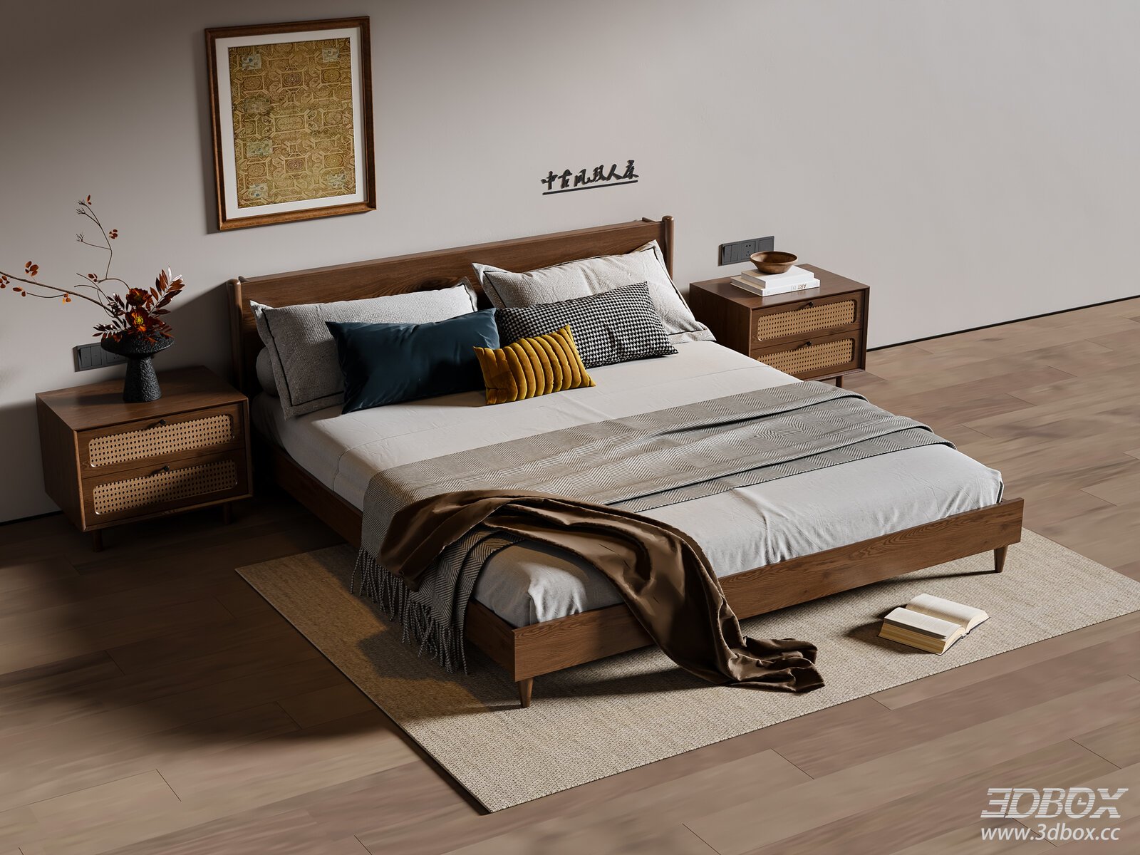 Mid-century Solid Wood Double Bed Set with Nightstands