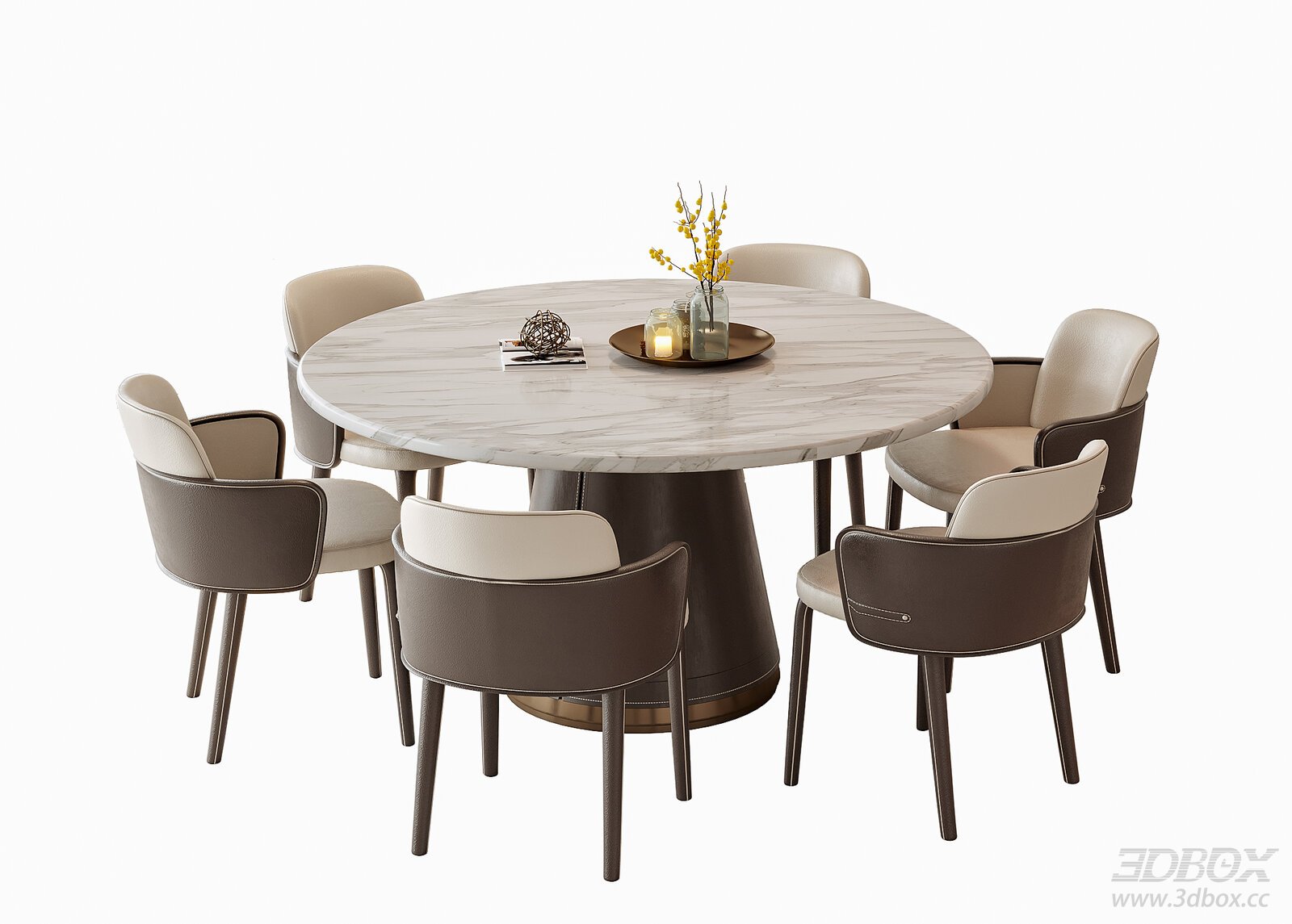 Modern Marble Round Dining Table with Leather Chairs Set