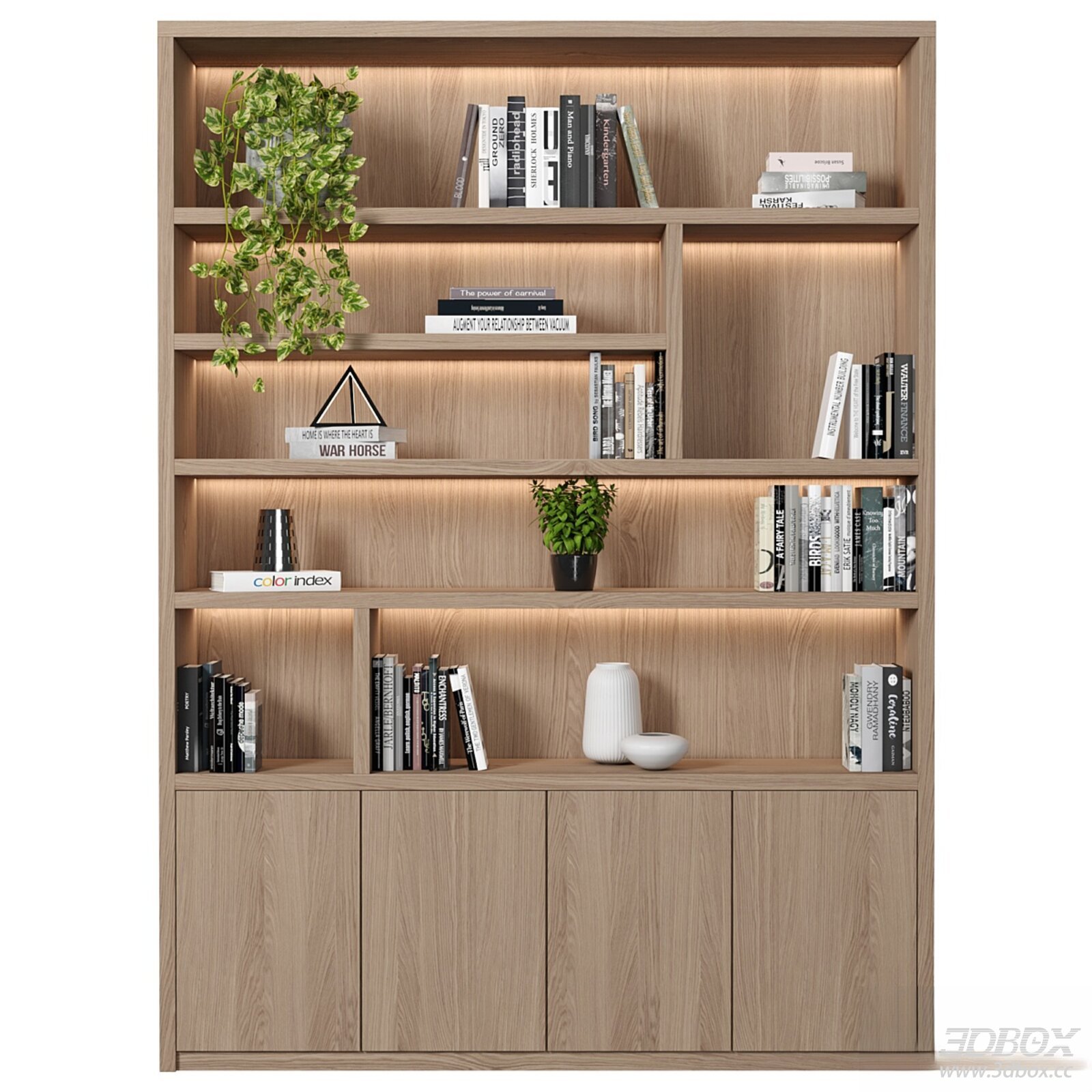 Modern Wooden Display Bookcase with Decor Books and Plants