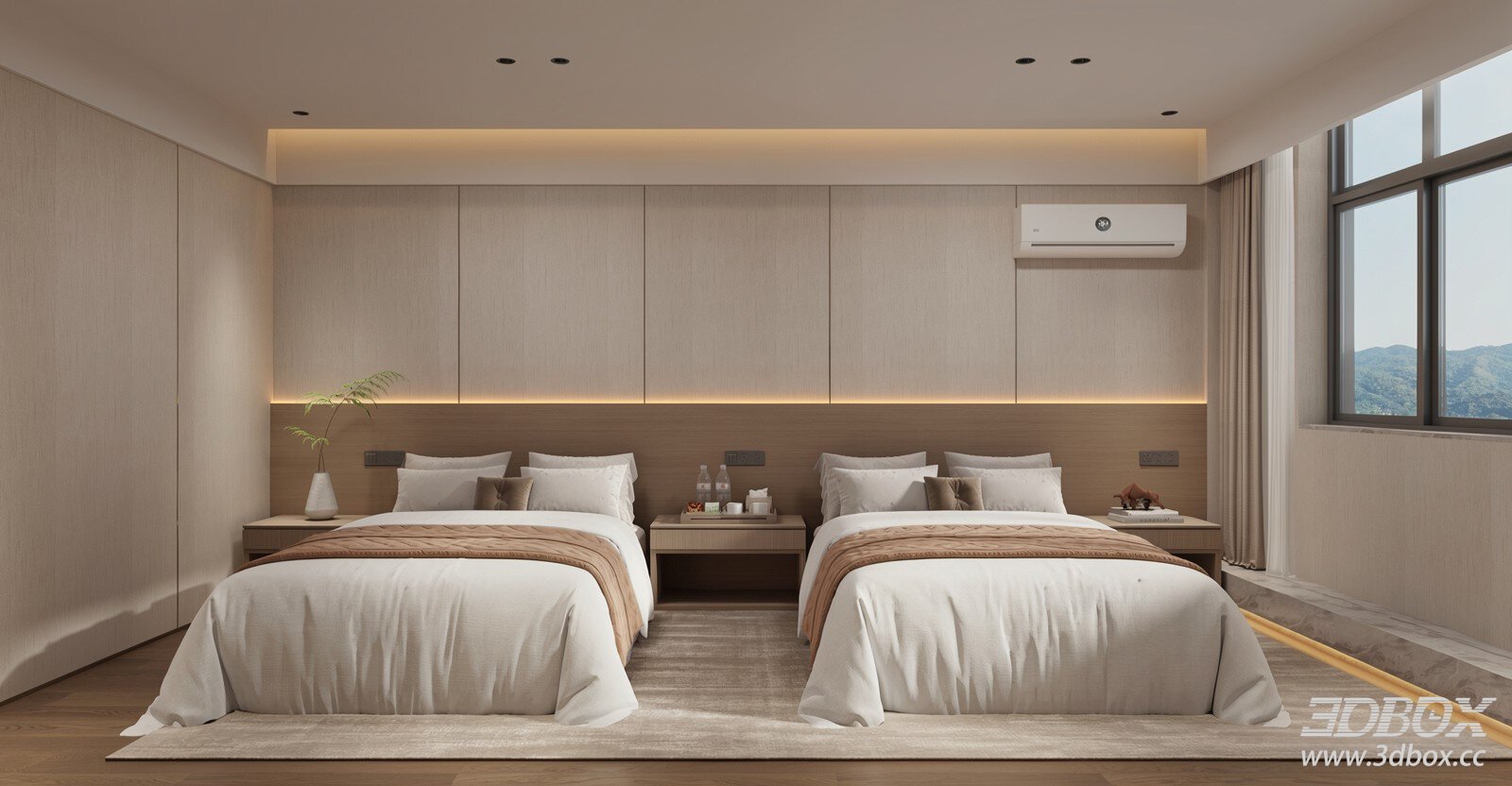 Warm Minimalist Wood Tone Hotel Guest Bedroom