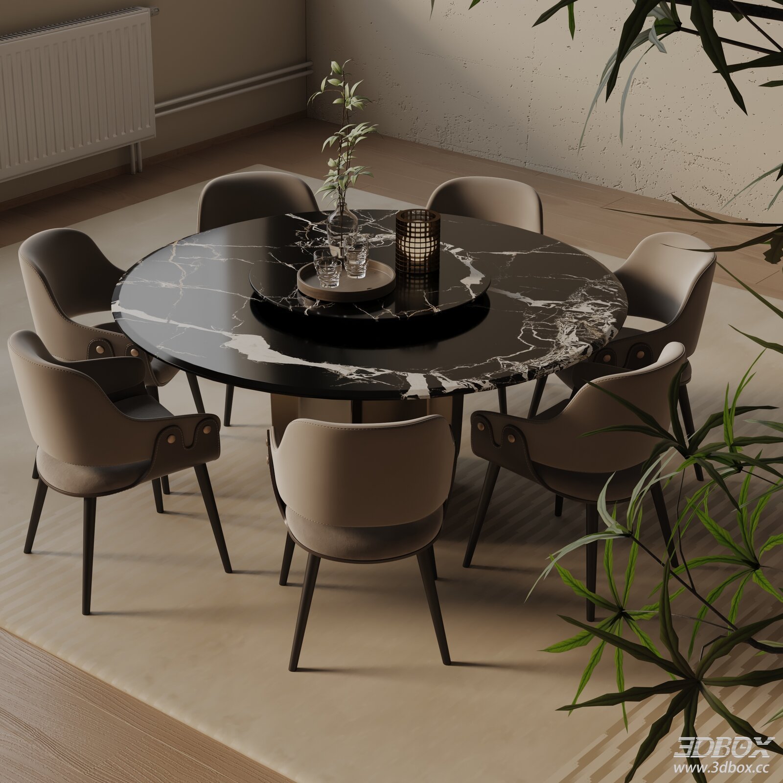 Modern Marble Round Dining Set with Upholstered Chairs