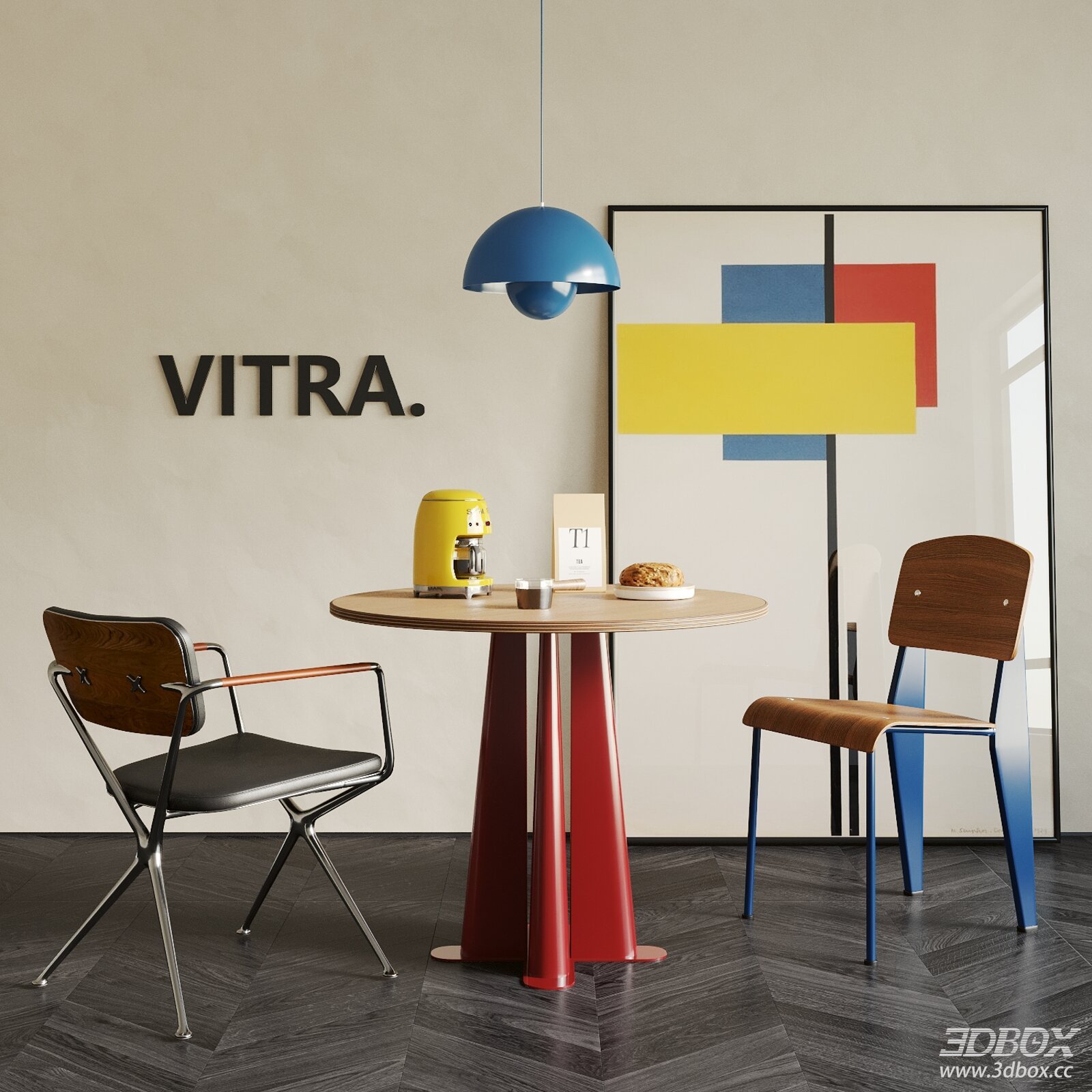 Mid-century Modern Bistro Dining Set with Pendant Light and Wall Art