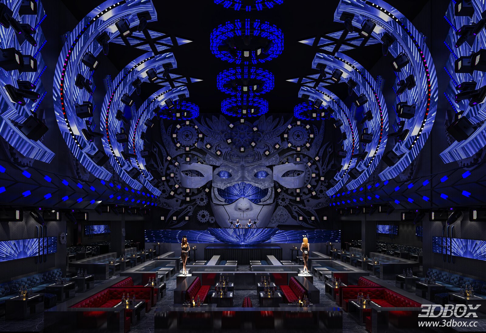 Modern Luxury Nightclub Interior with Neon Lighting and Booth Seating