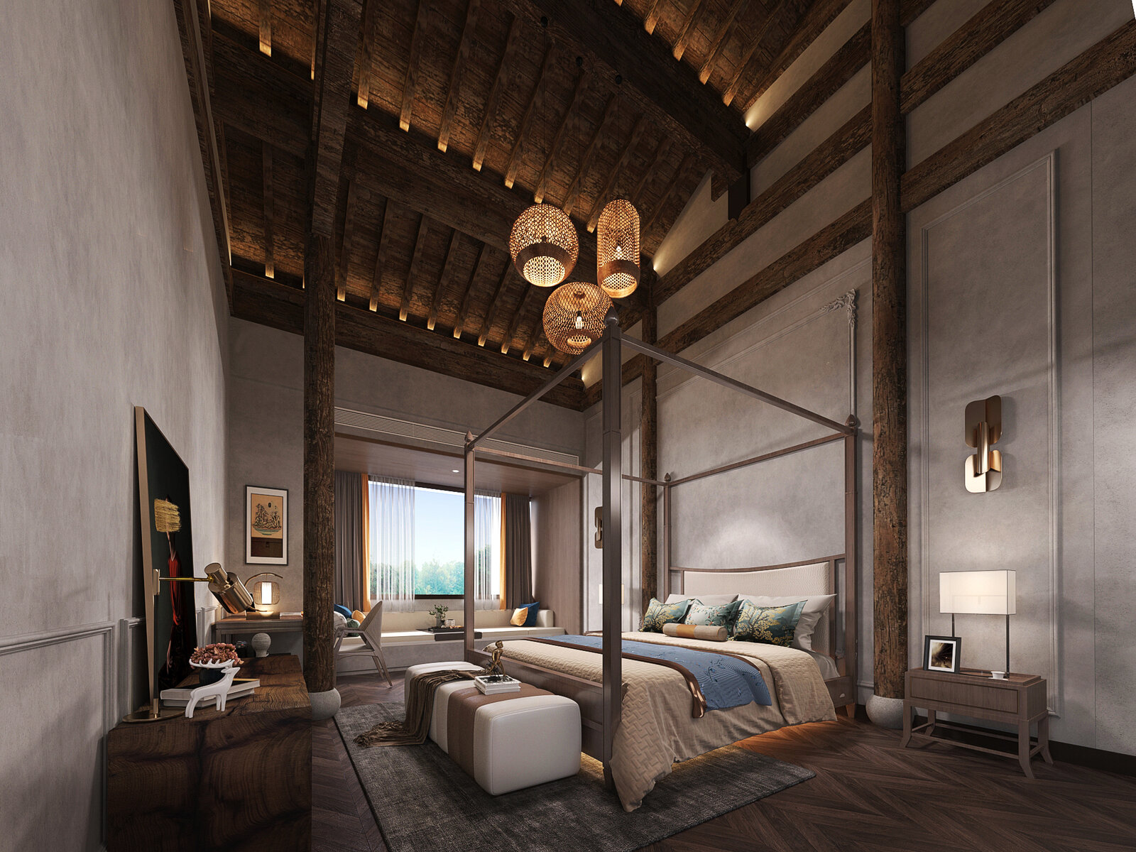 Wabi Sabi Style Guest Bedroom with Wooden Ceiling Beams