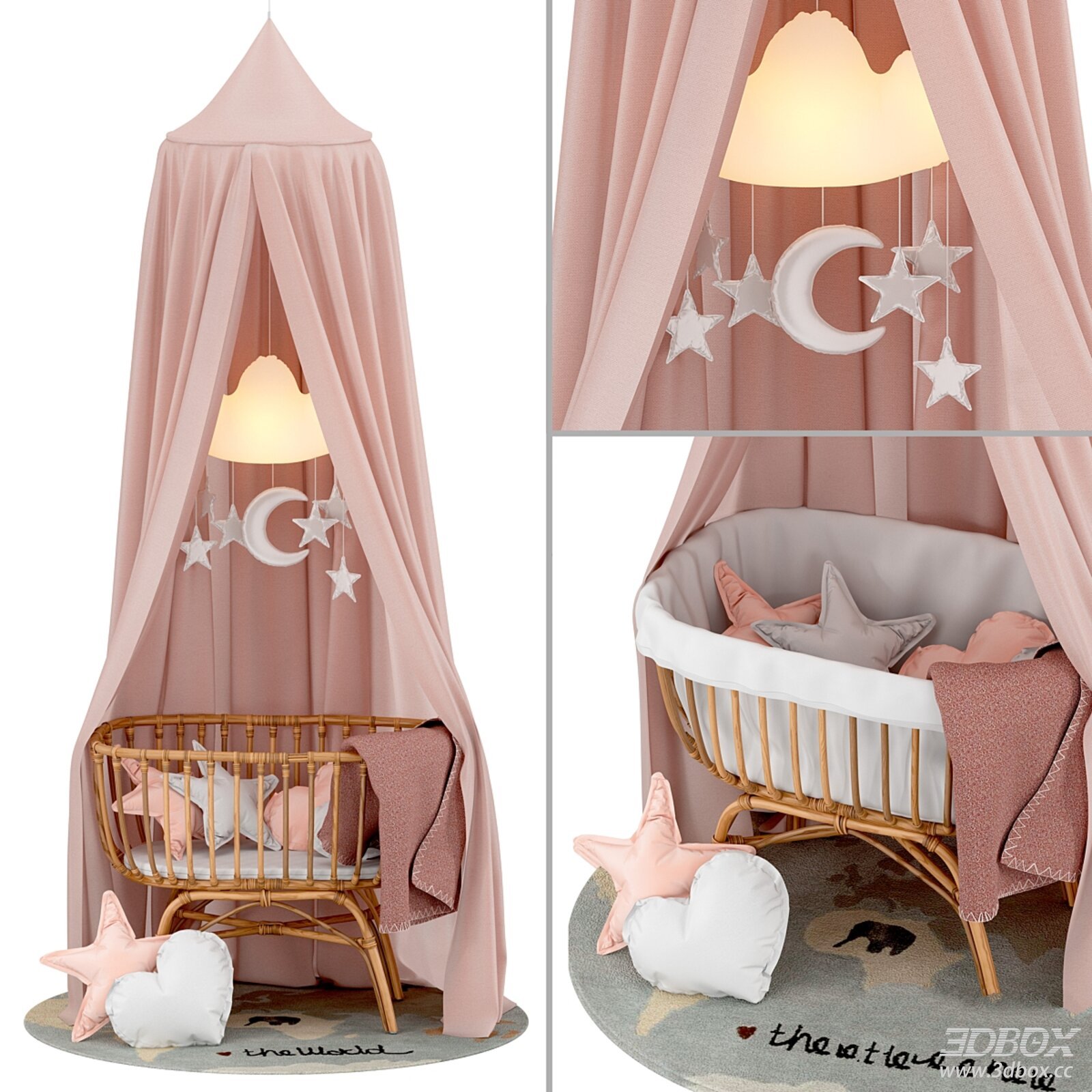 Rattan Cradle with Linen Canopy and Nursery Decor