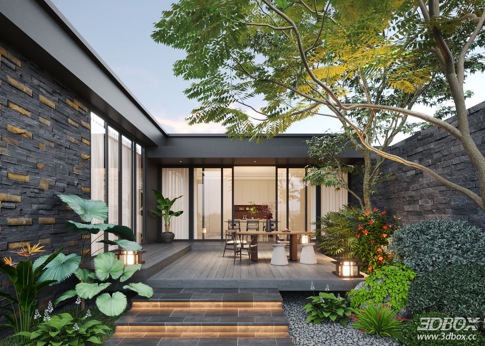 Modern Outdoor Courtyard with Dining Furniture and Green Plants