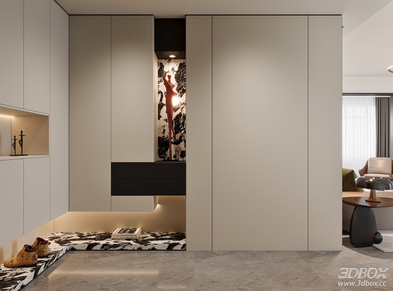 Modern Cream Style Hallway with Built-in Cabinetry and Decor