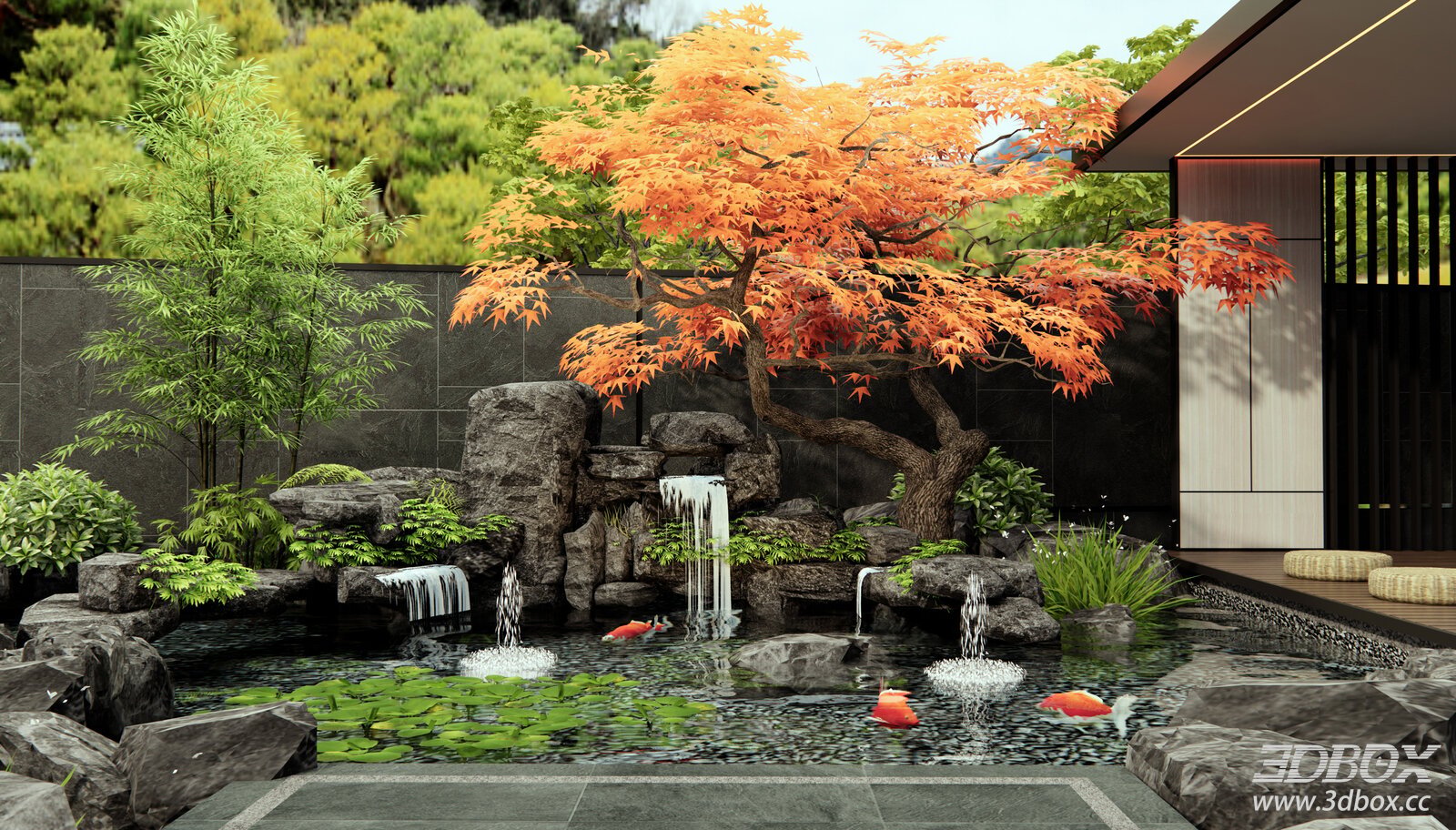 Zen style courtyard garden with maple tree rockery water feature
