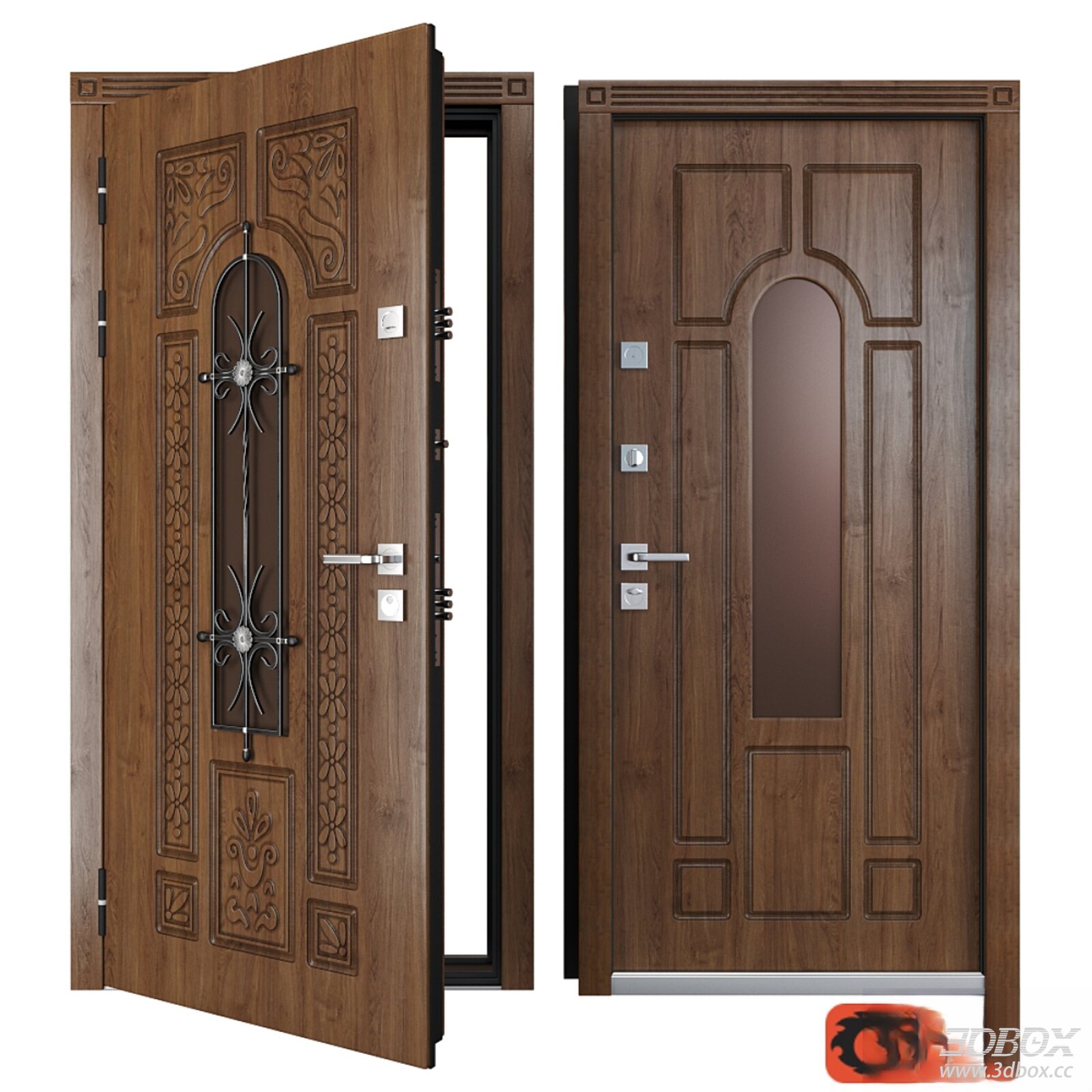 Carved Wooden Entry Door with Decorative Metal Grille