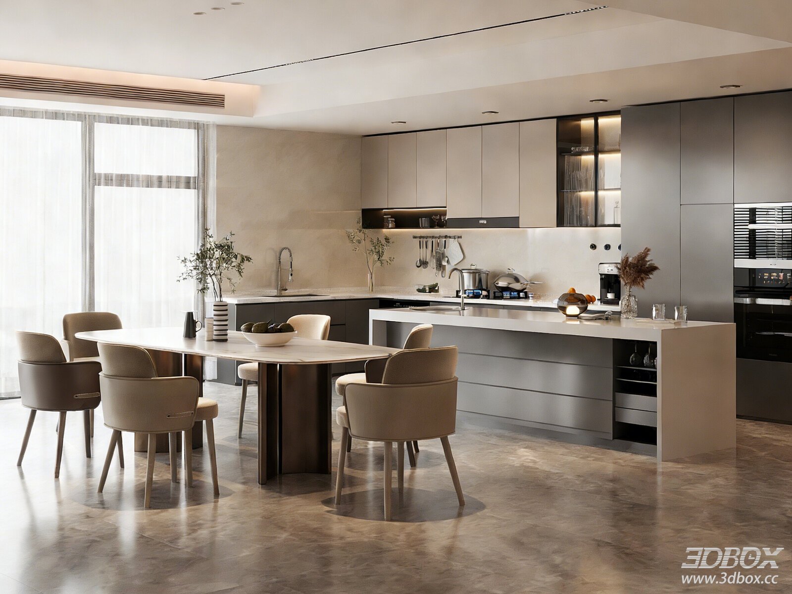 Modern Italian Open Kitchen Dining Space with Island and Dining Set