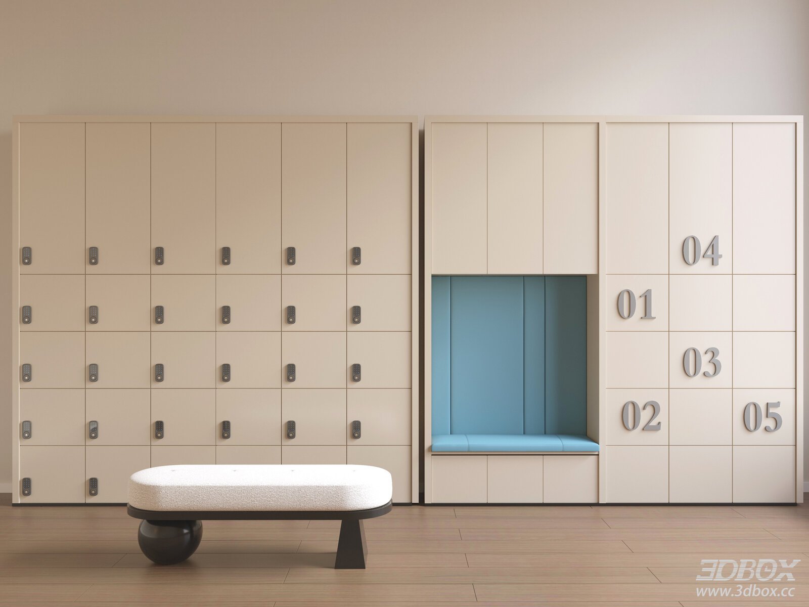 Modern public locker cabinet with upholstered bench