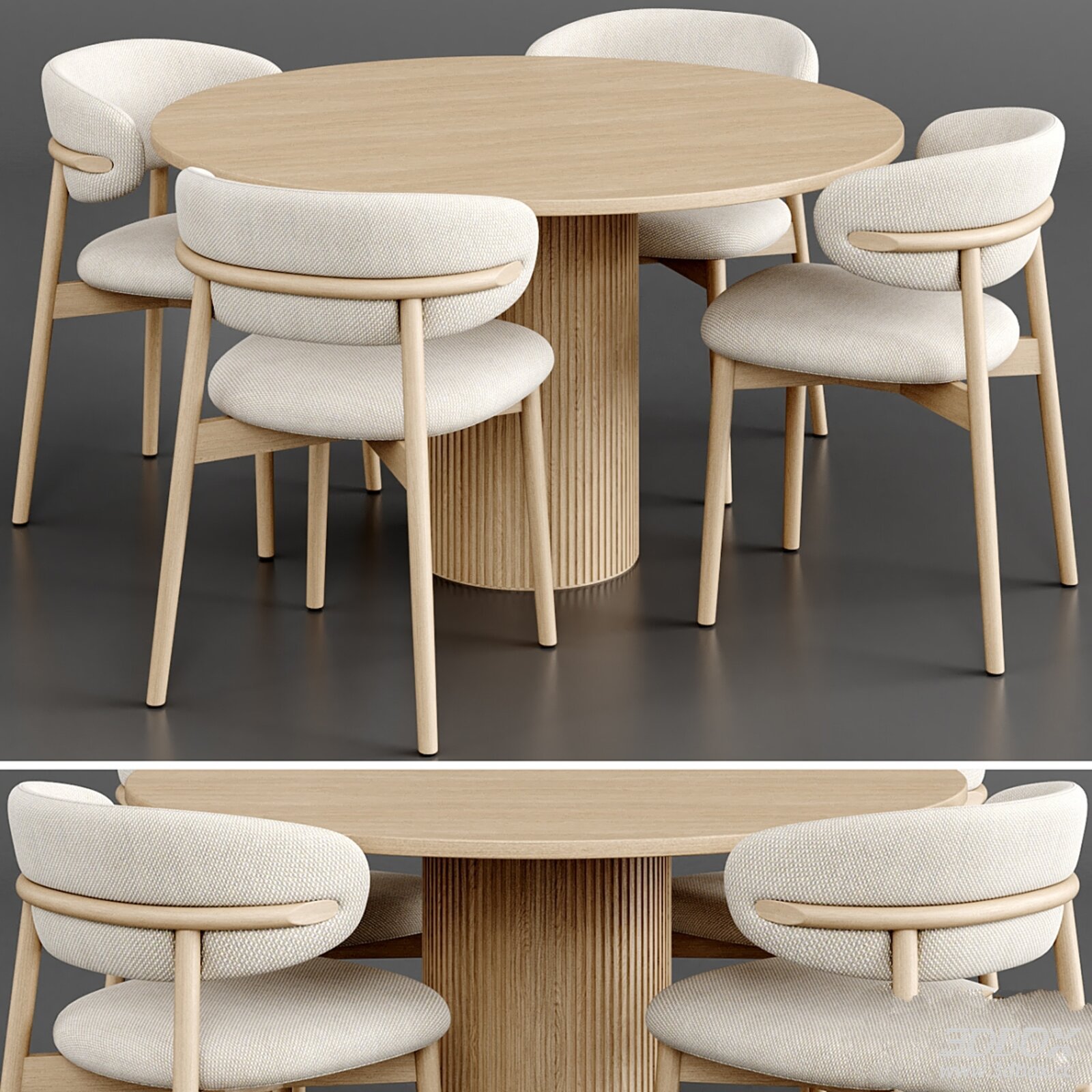 Modern Wooden Round Dining Table with Fabric Chairs Set