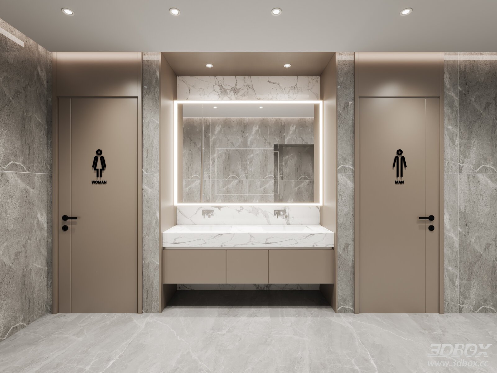 Modern Public Toilet with Marble Vanity and Illuminated Mirror