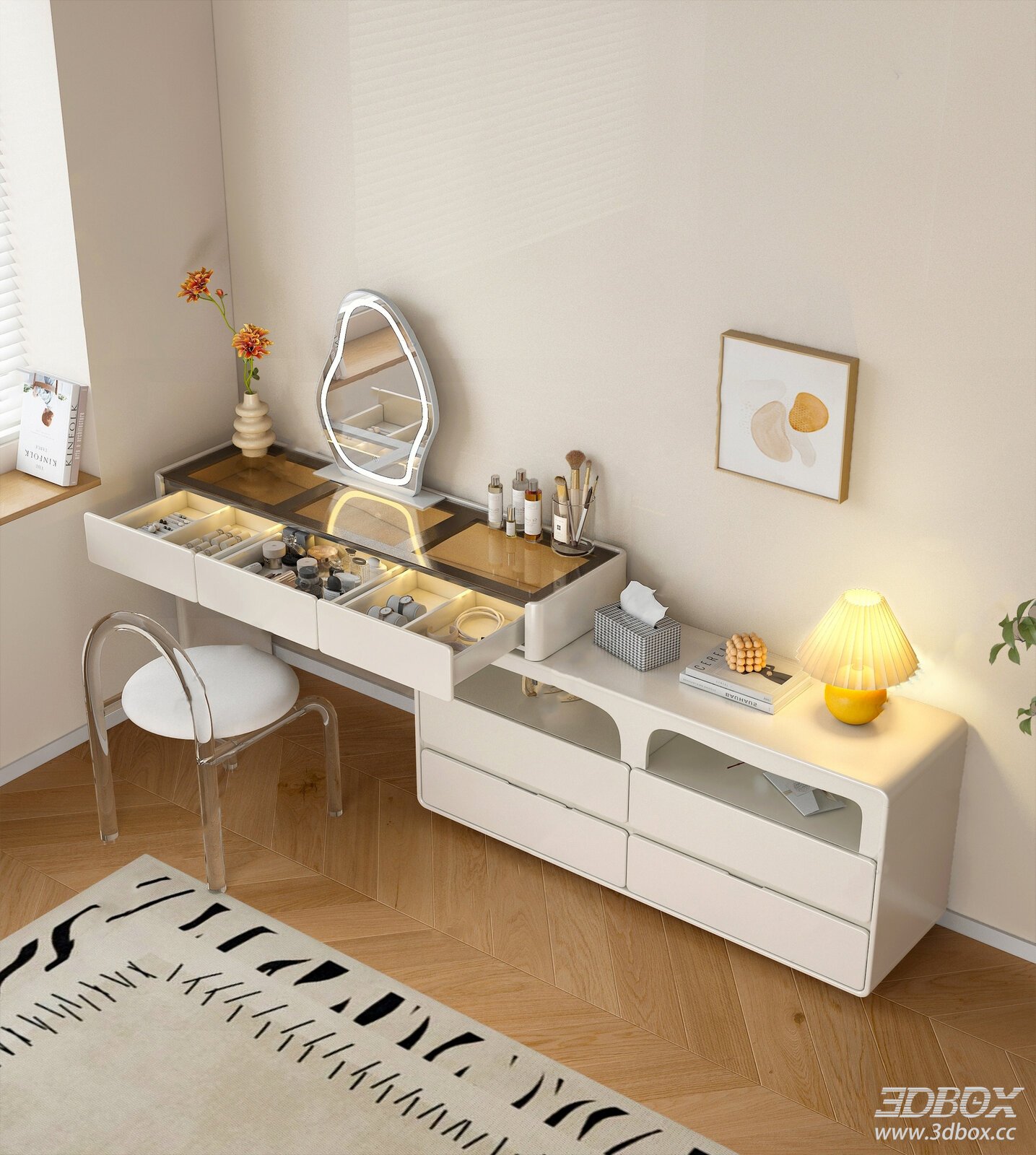Modern White Dressing Table with LED Mirror and Chair