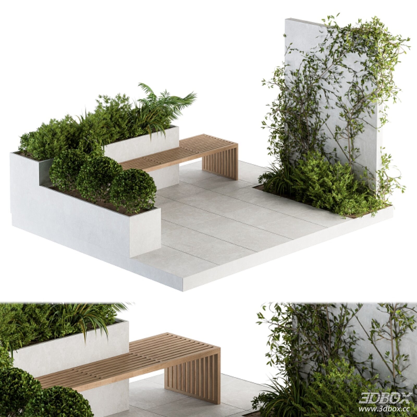 Modern rooftop garden set with wooden bench and green plants