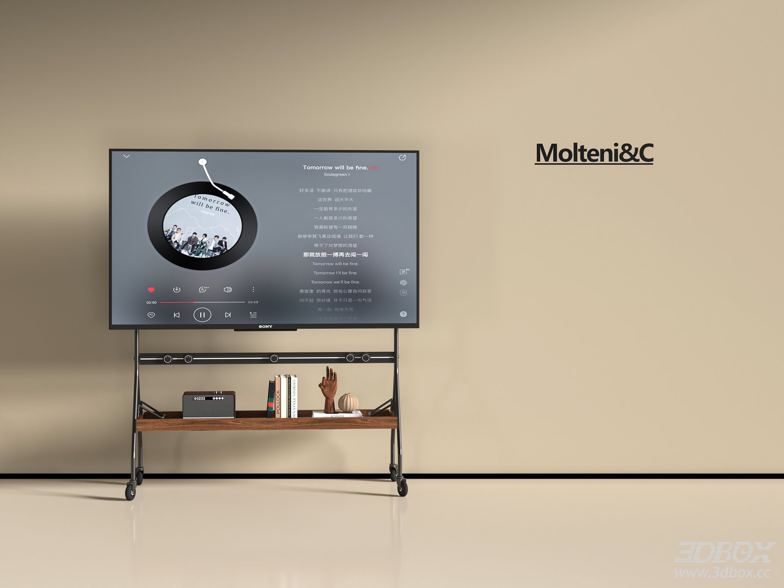 Modern Floor TV with Wheeled Stand and Storage Shelf