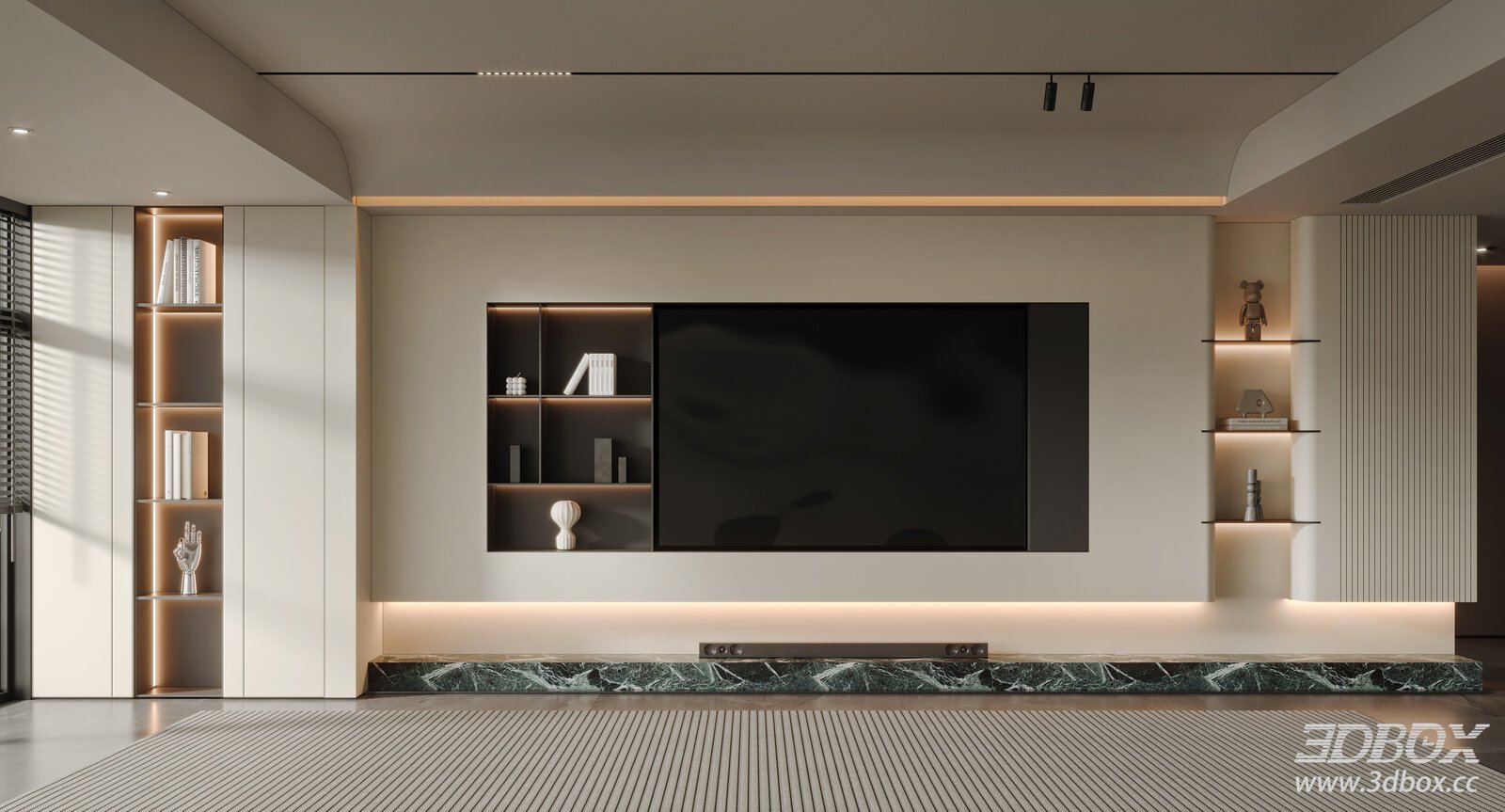 Modern Minimalist TV Wall Unit with Marble Base and Built-in Shelves