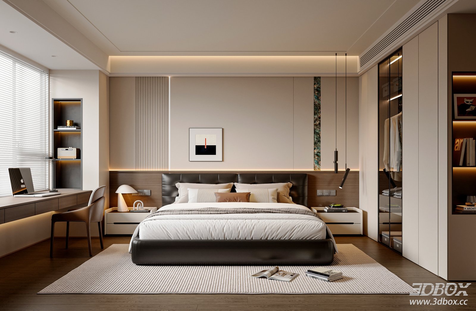 Modern Minimalist Bedroom with Double Bed and Workstation
