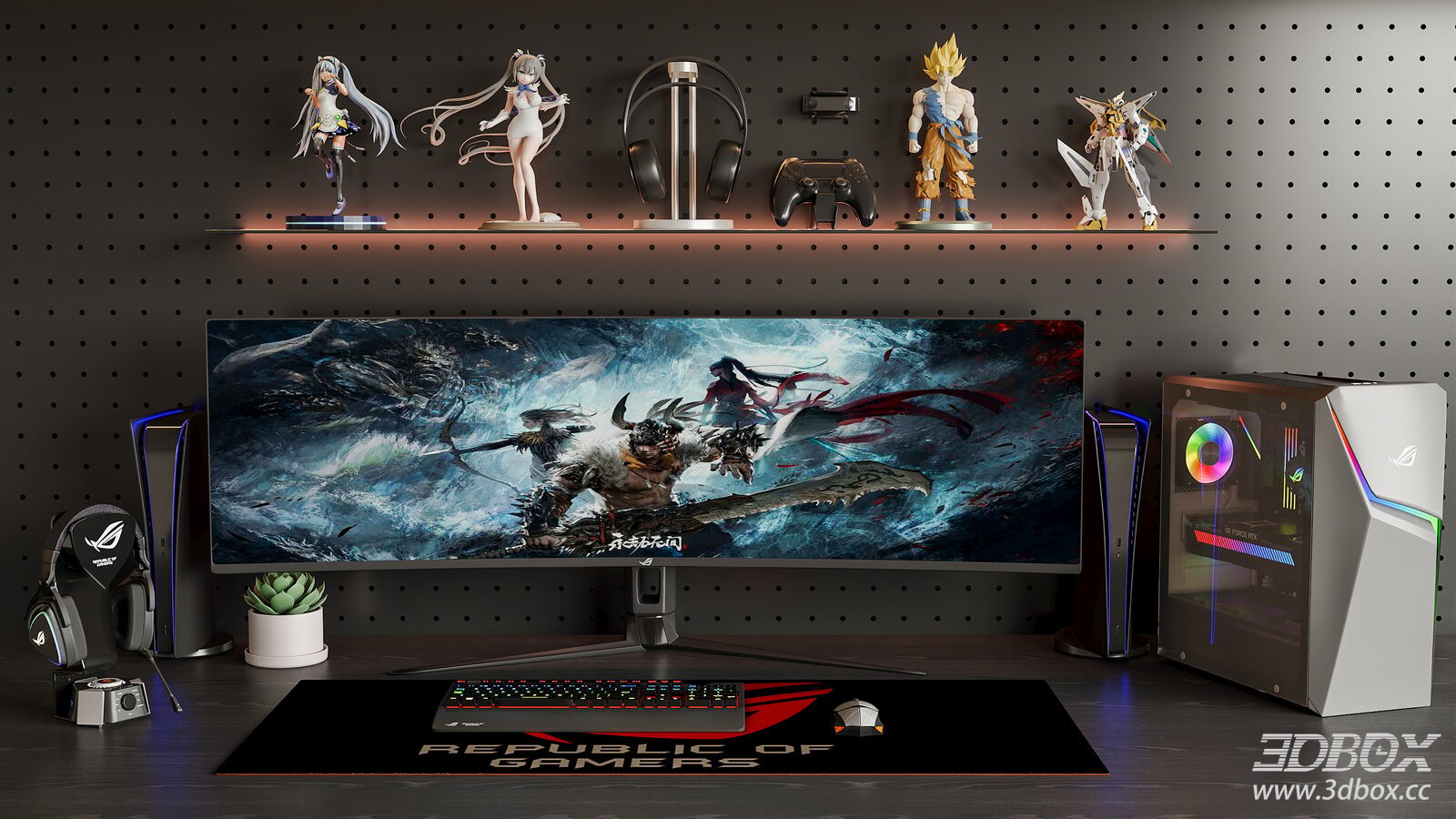 Modern Gaming Desktop Setup with Anime Figurines and RGB Lighting
