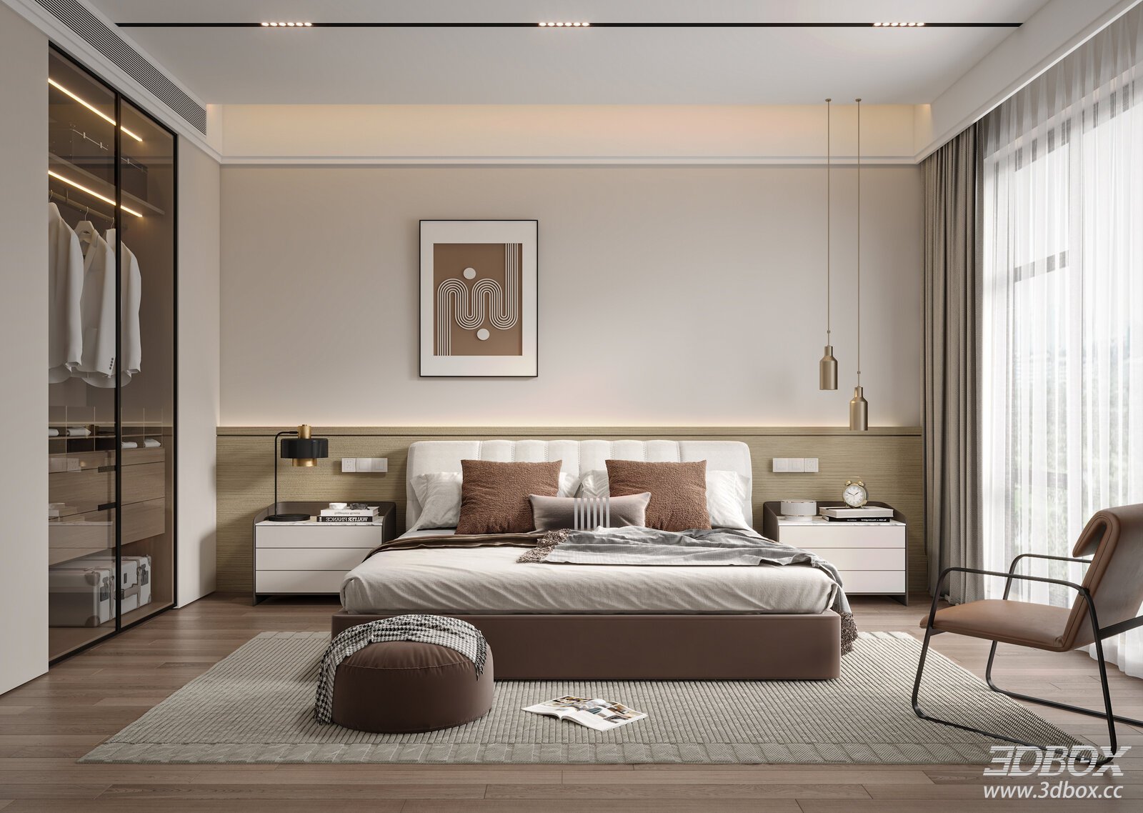 Modern Wood Style Master Bedroom Interior Scene