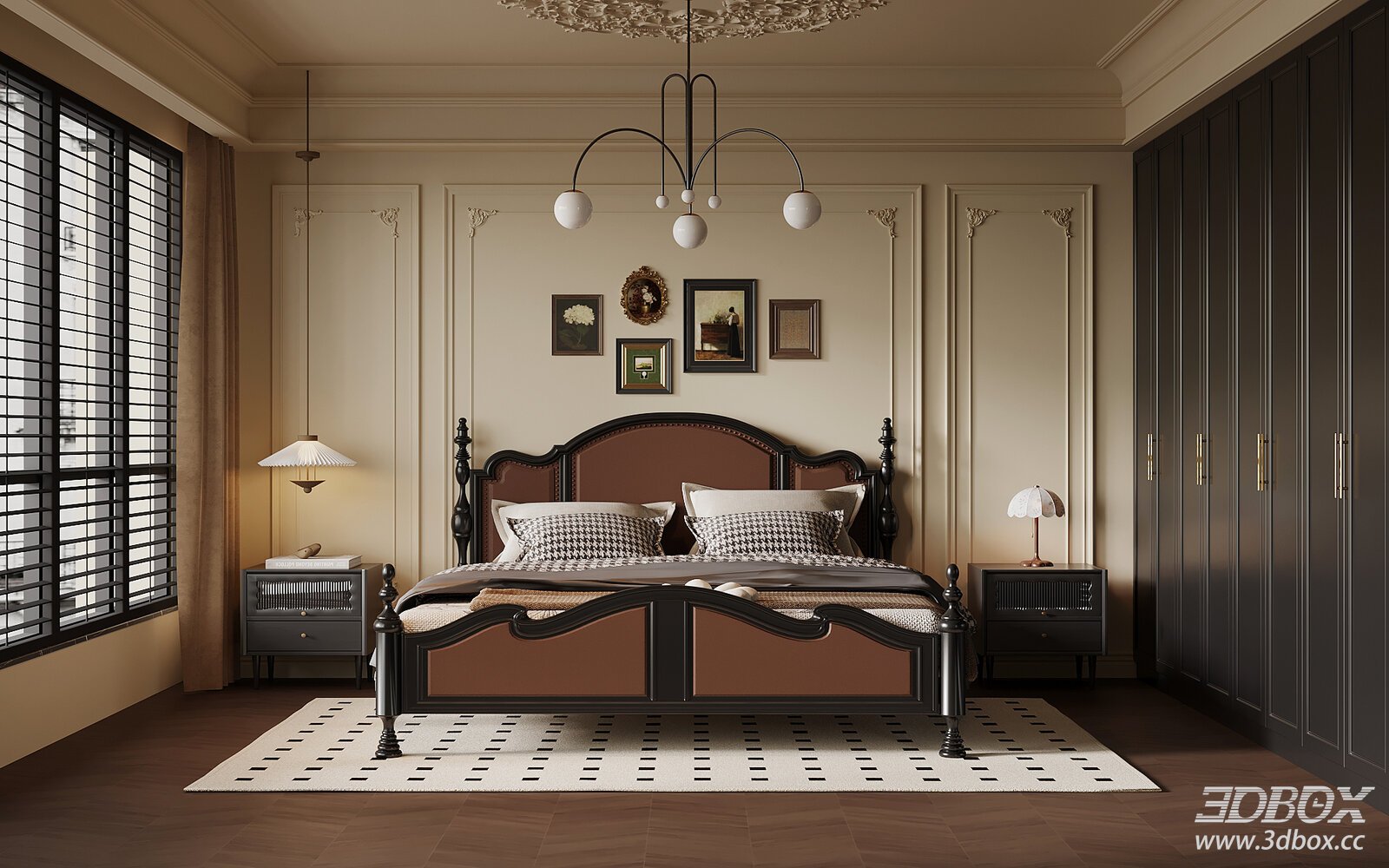 French Retro Style Bedroom Interior With Double Bed And Wardrobe