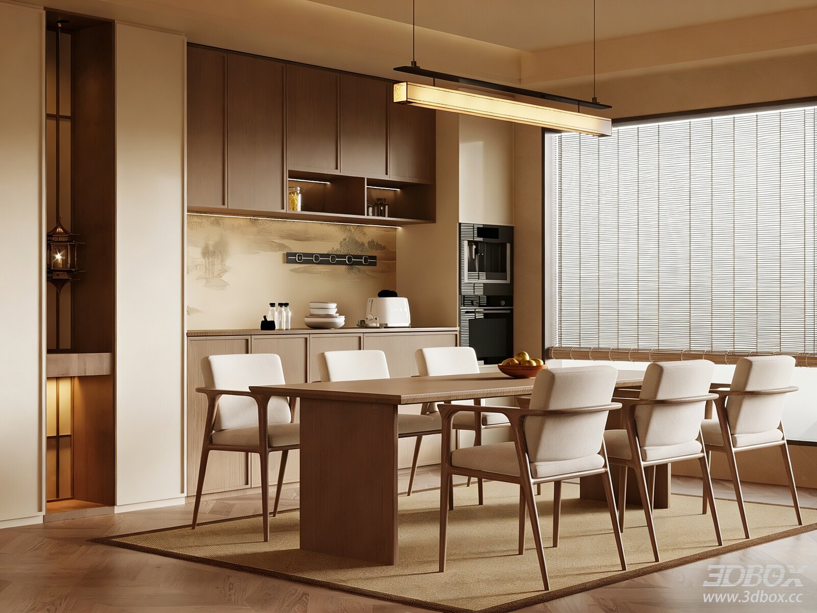New Chinese Style Dining Room with Dining Table Chairs and Side Cabinet