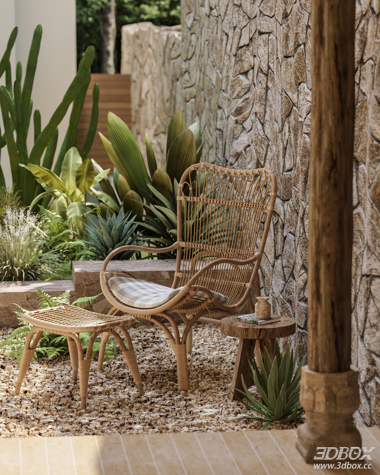 Mid Century Rattan Outdoor Armchair with Ottoman and Side Table