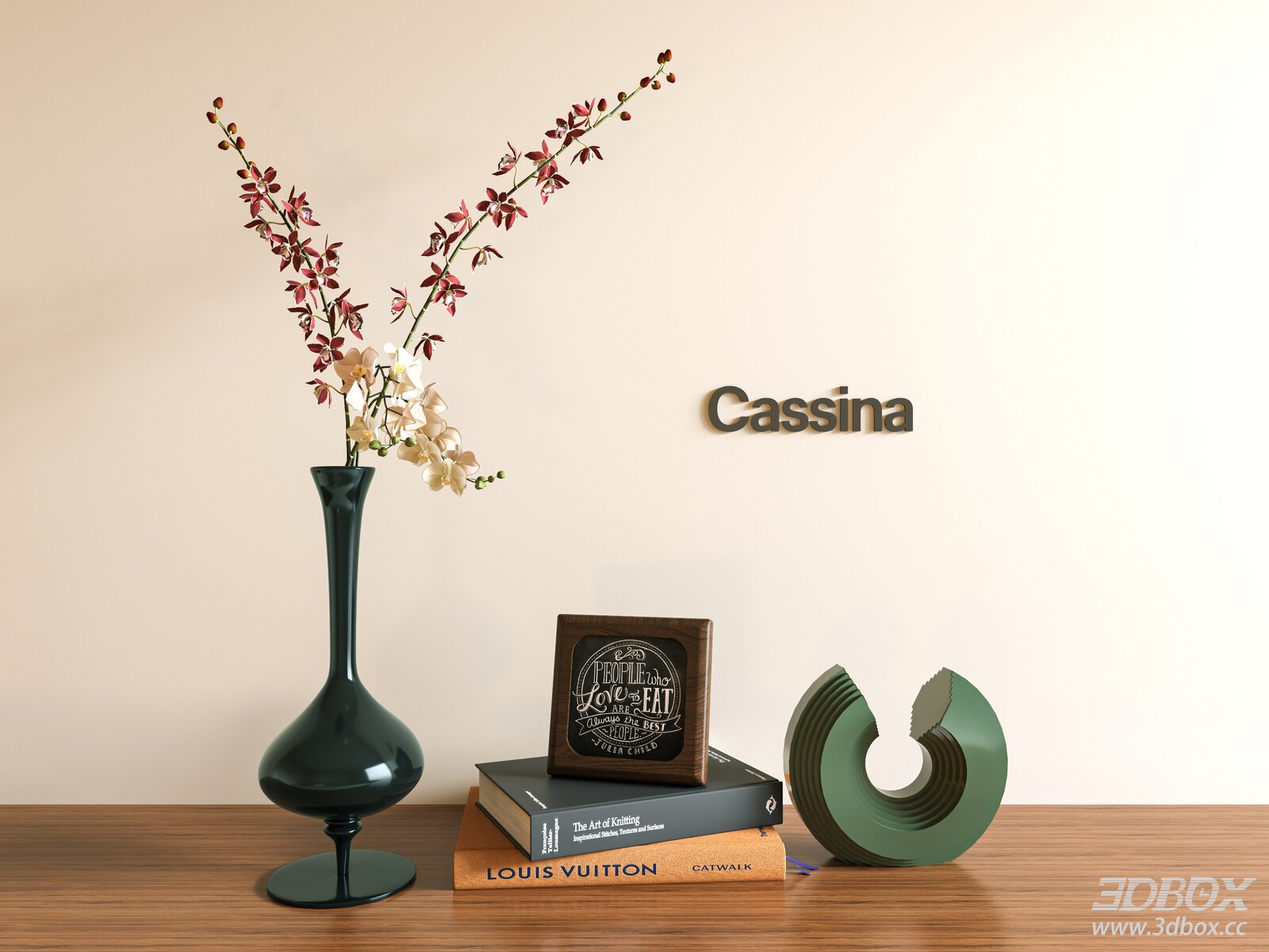 Modern Decorative Set with Ceramic Vase, Orchid and Books