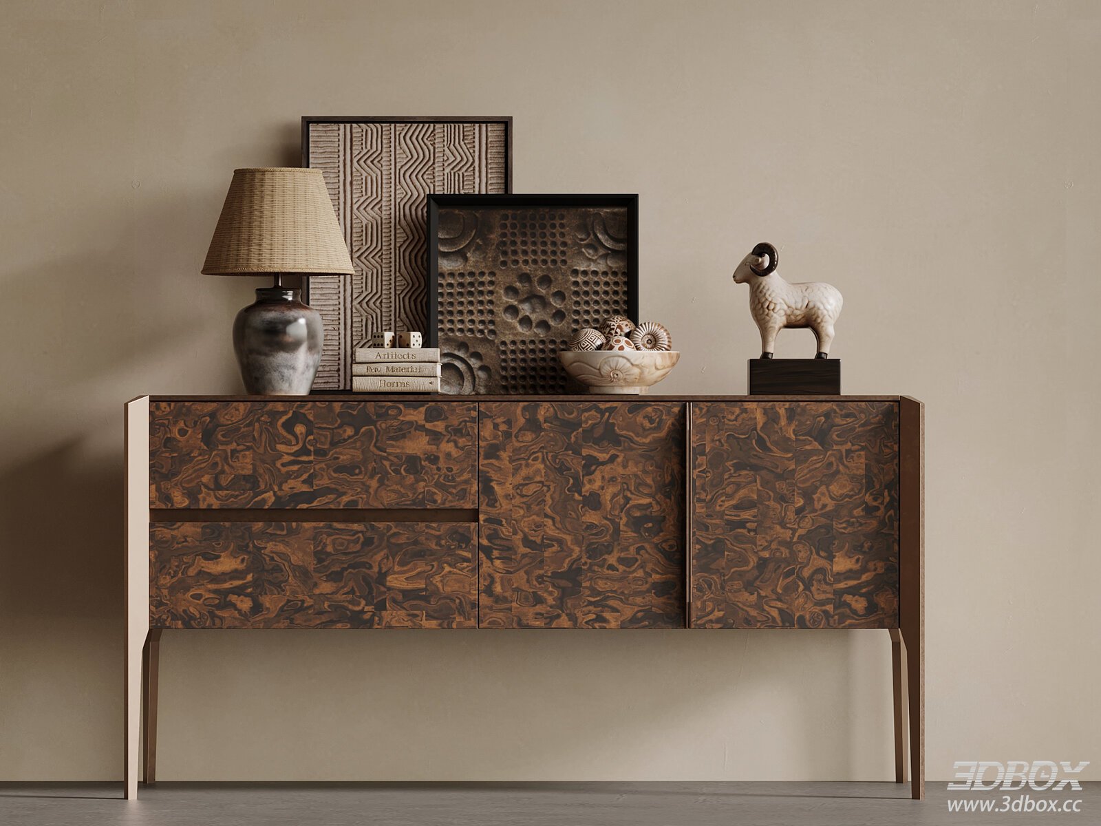 Modern Luxury Burl Wood Sideboard with Decor Set
