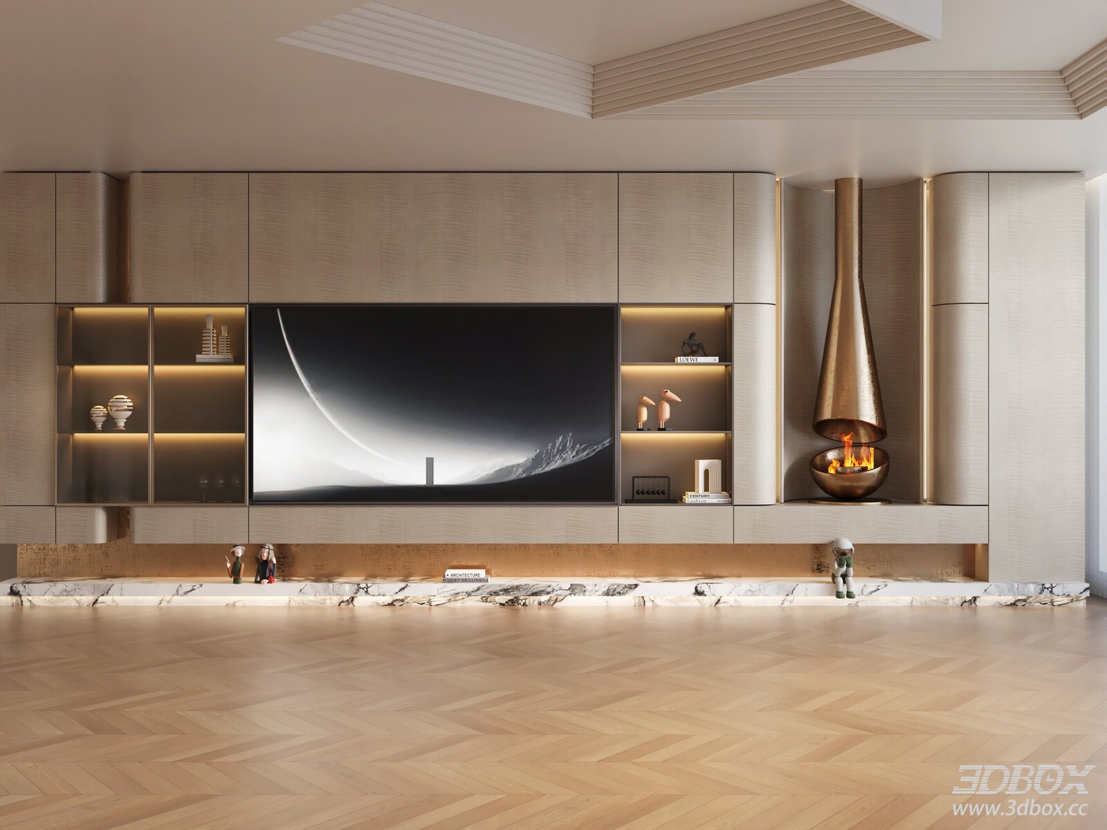 Modern Minimalist TV Wall Unit with Fireplace and Decor Shelves