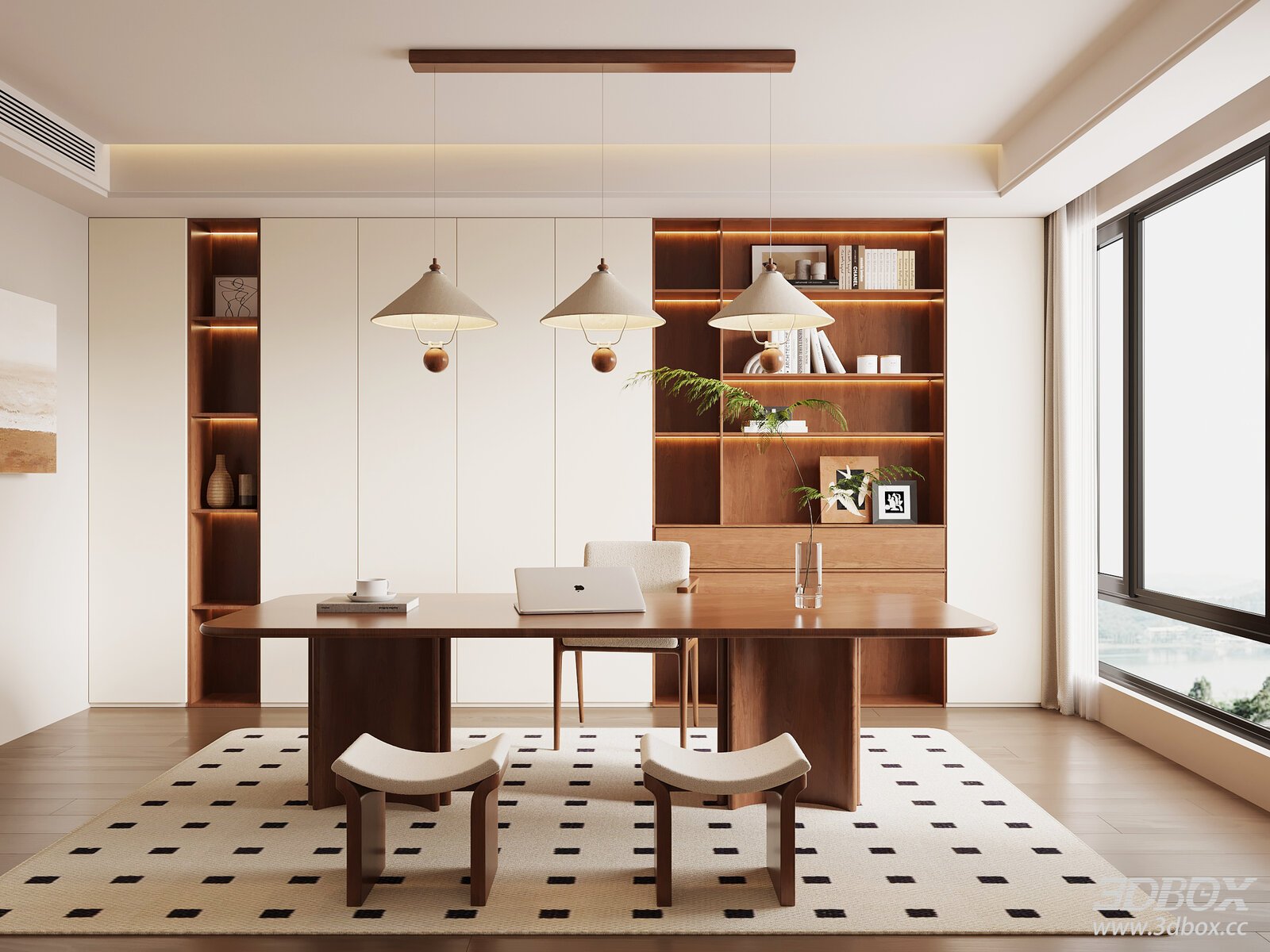 Mid Century Modern Work Room with Wooden Desk and Bookshelf