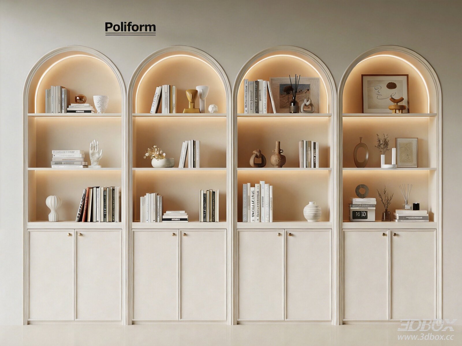 French Cream Style Built-in Arched Display Bookcase