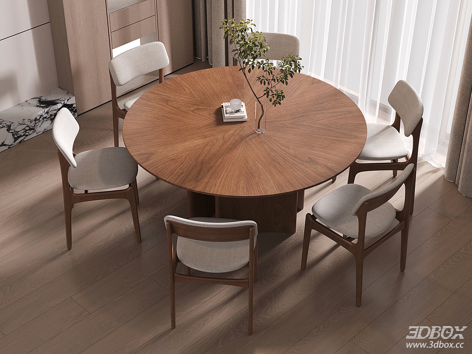 Mid-century Walnut Round Dining Table and Fabric Chairs Set