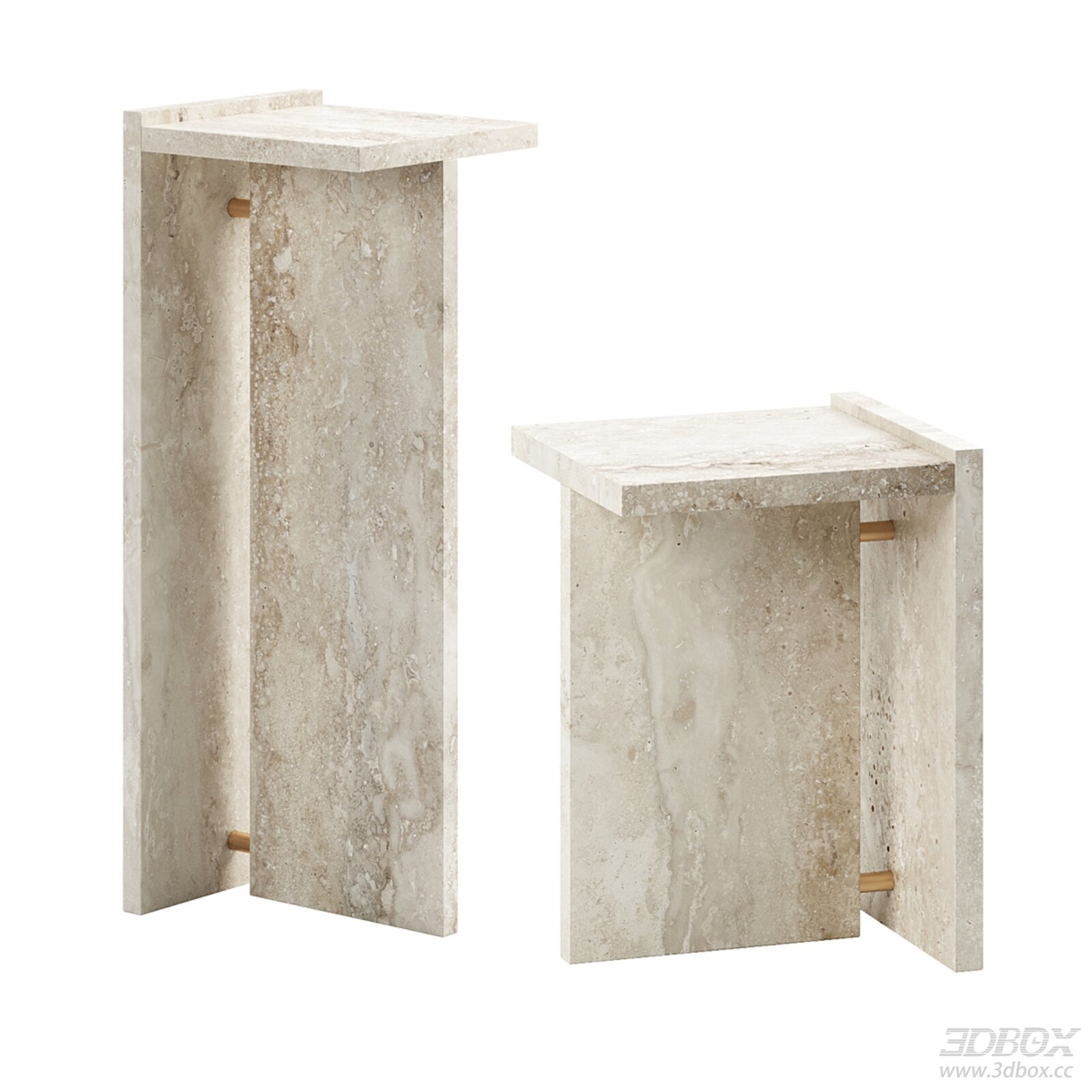 Modern Travertine Side Table Set with Brass Details